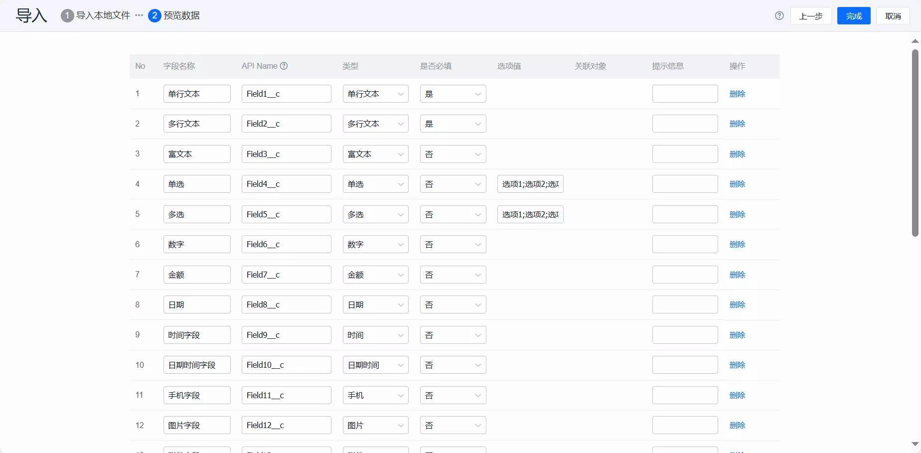 字段导入预览