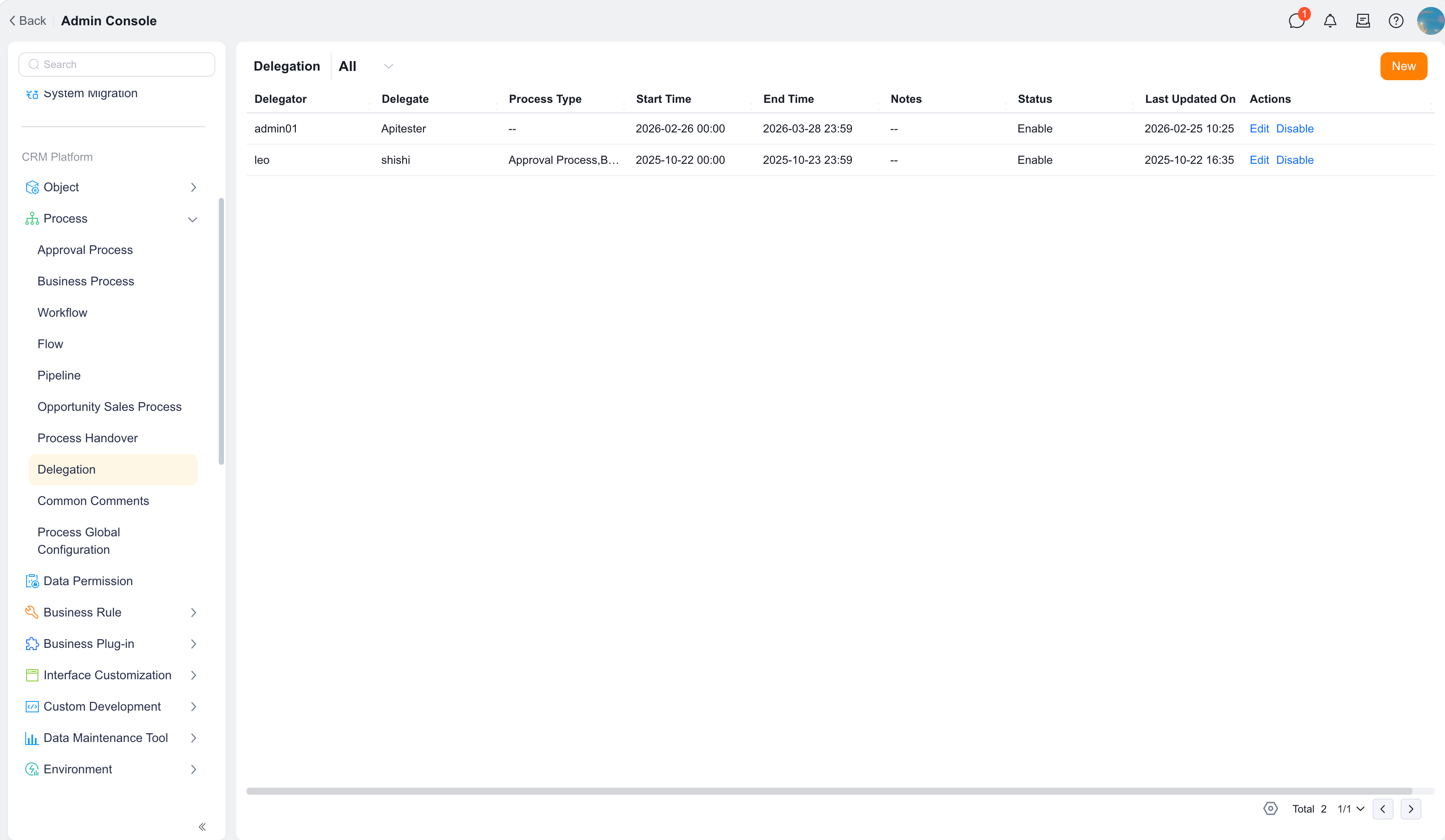 Tenant-level Process Delegation settings