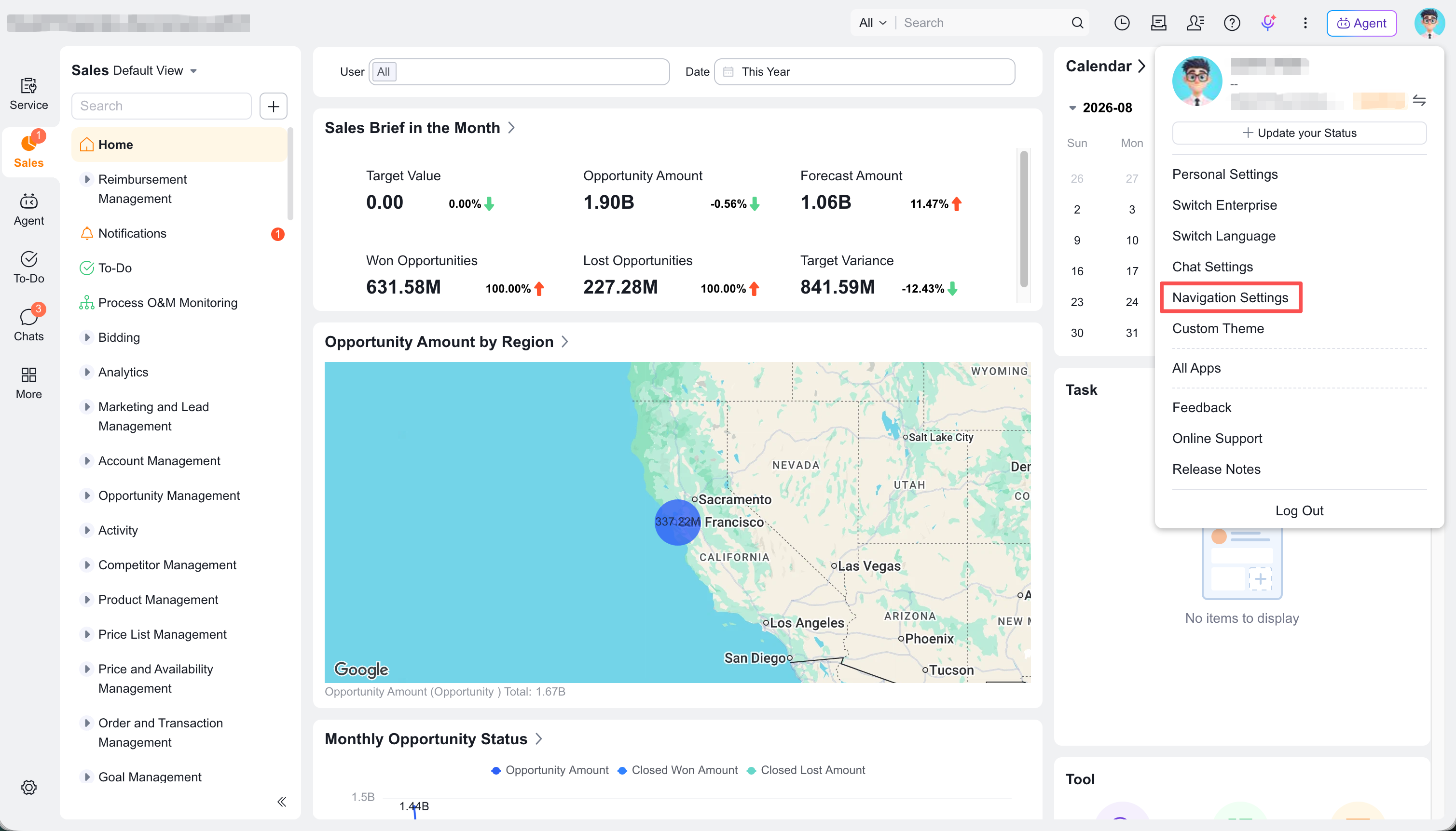 Open main navigation settings