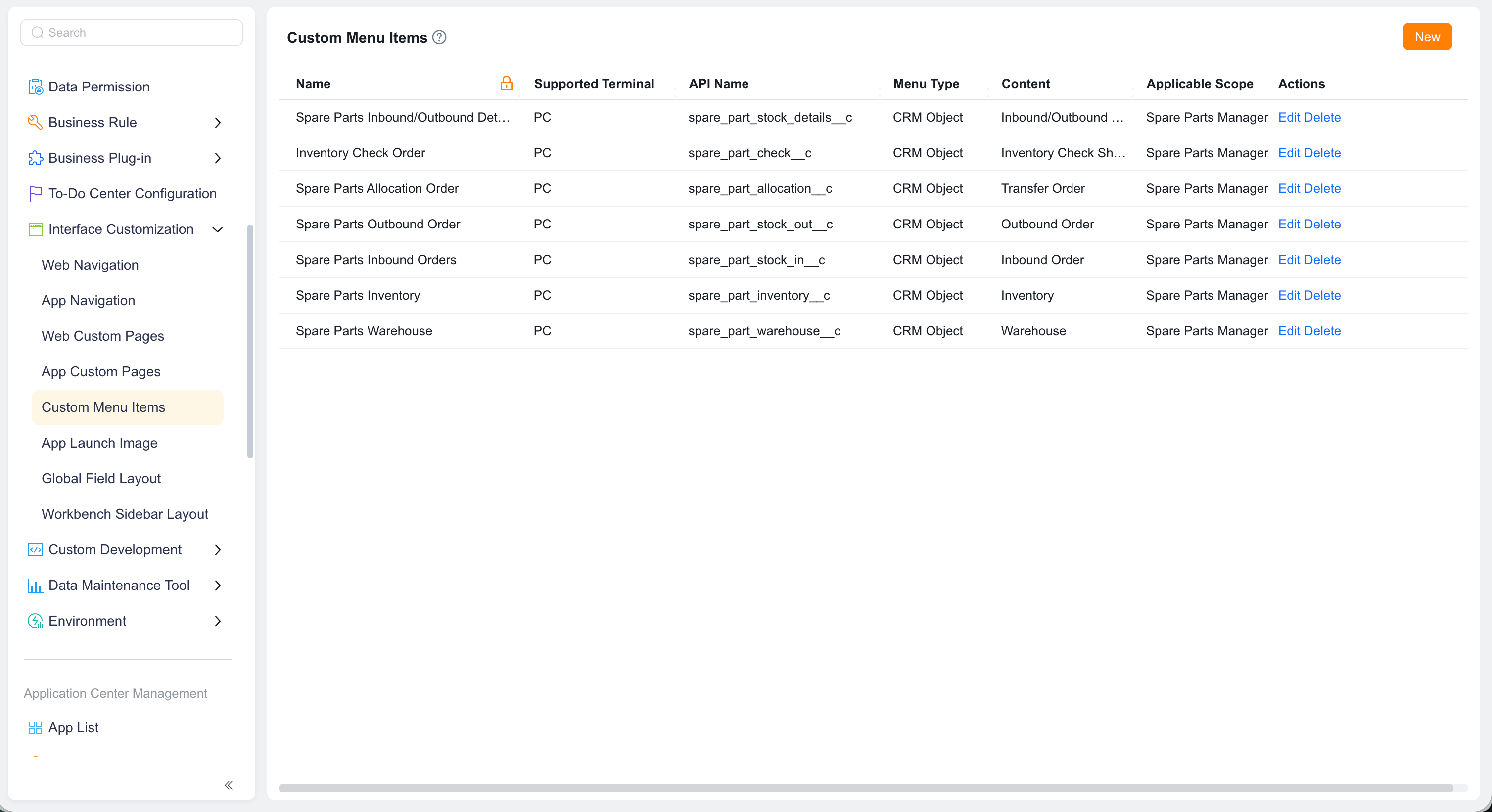 Custom menu item list