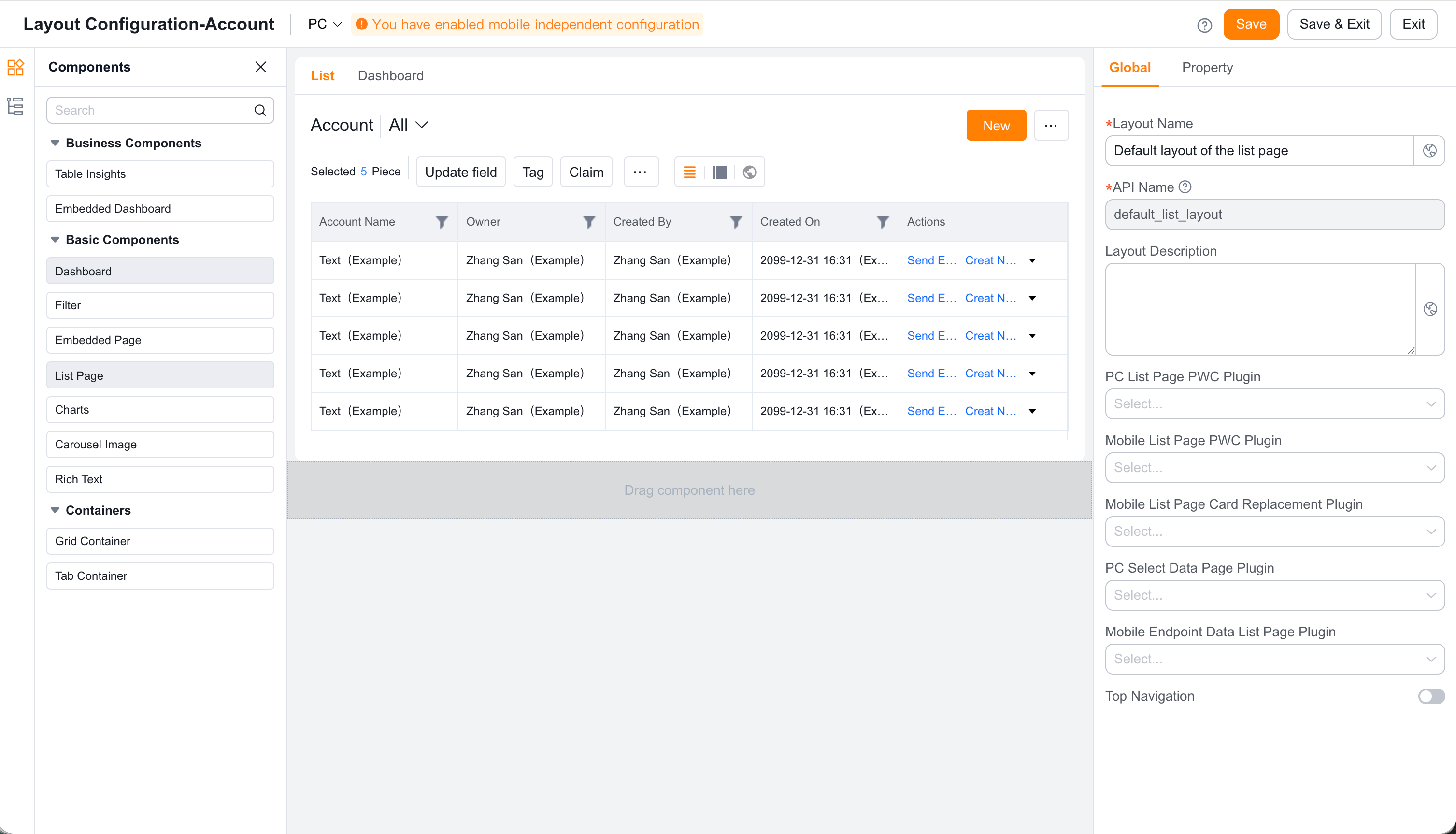 List page layout