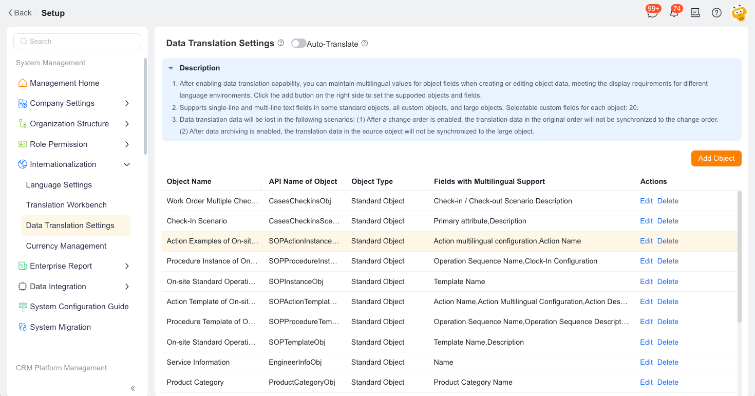 Enable multilingual fields for an object