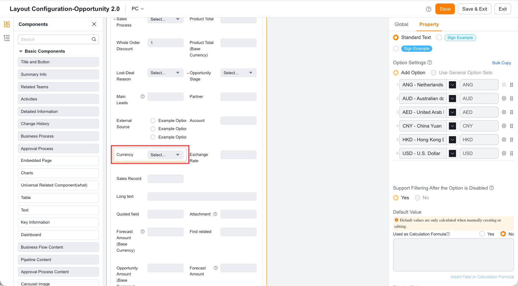 Add multi-currency fields to a layout