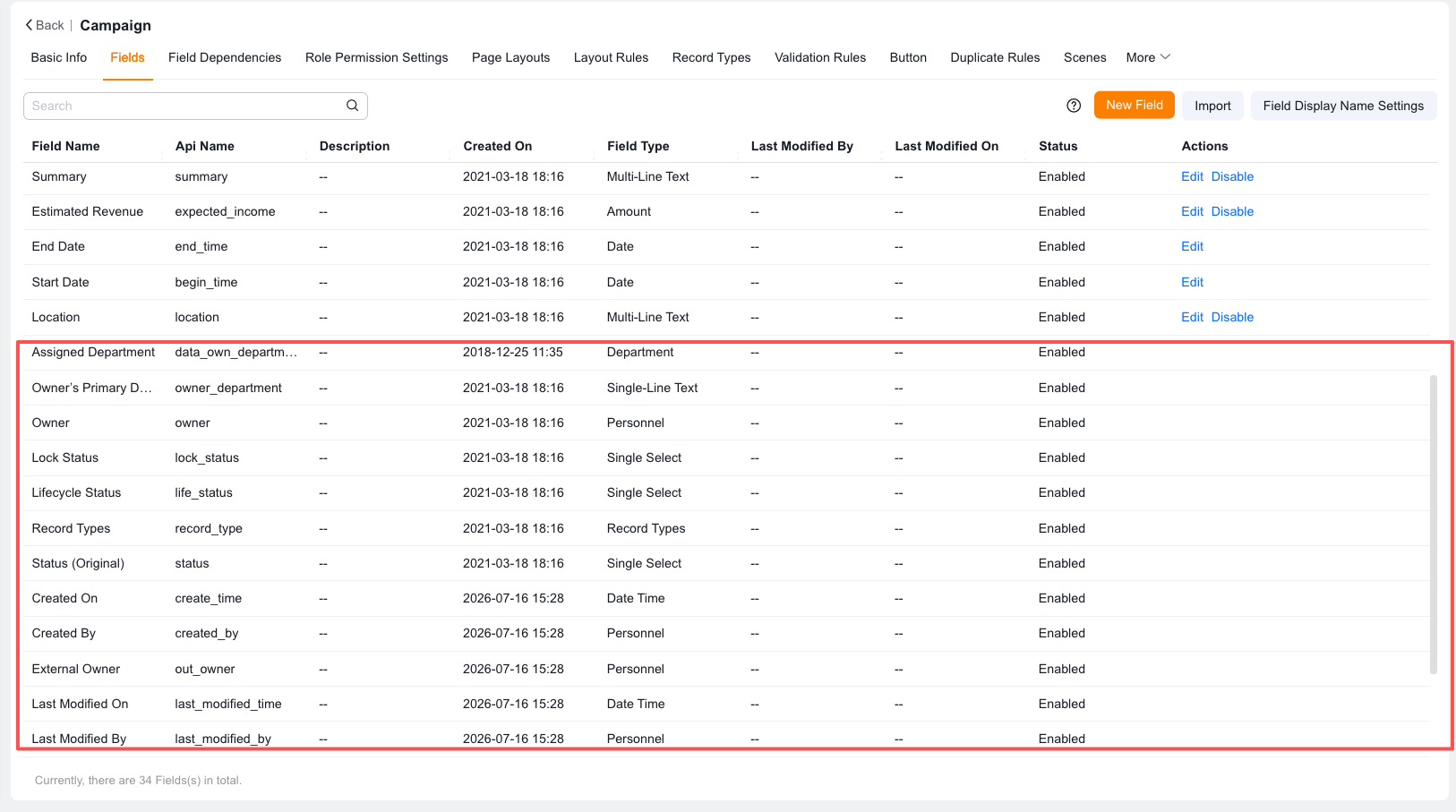 Standard fields that are not editable