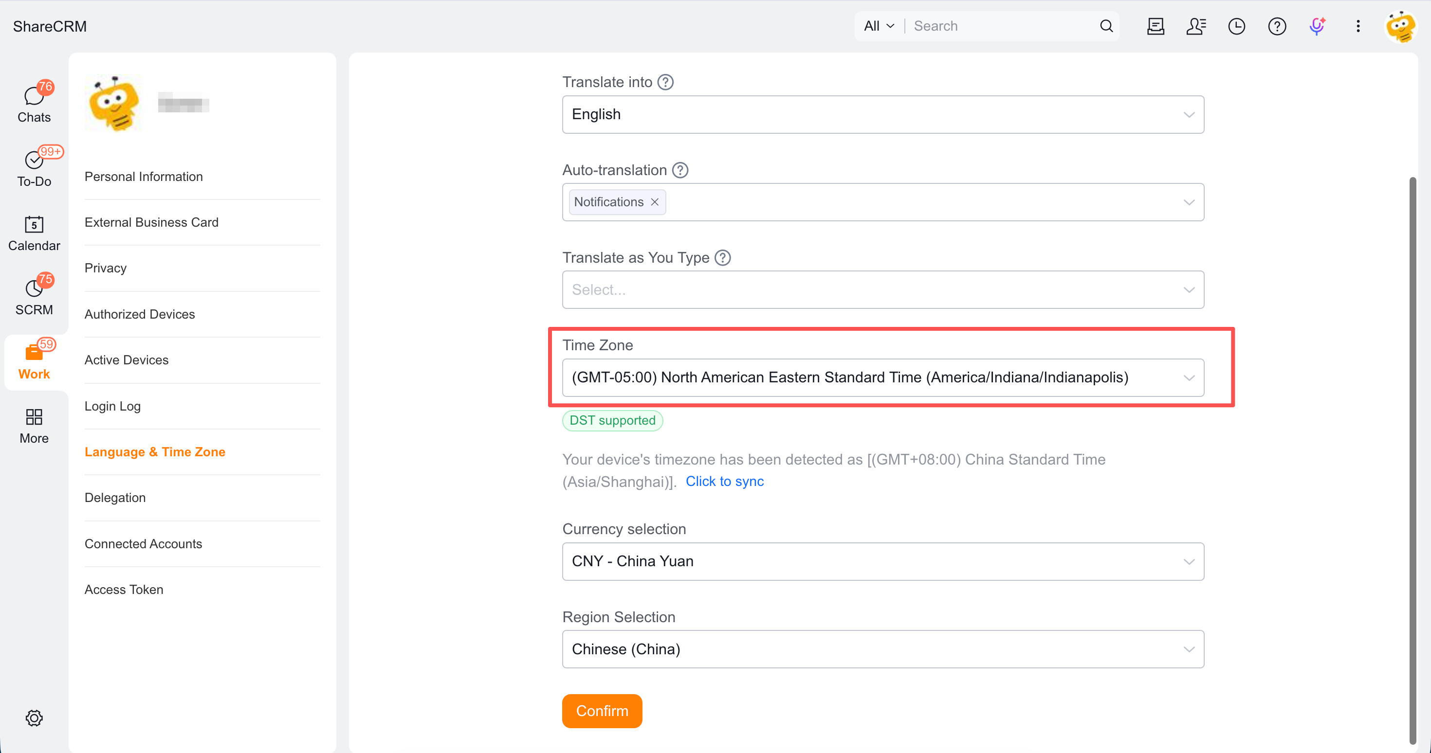 Select a personal time zone and regional format