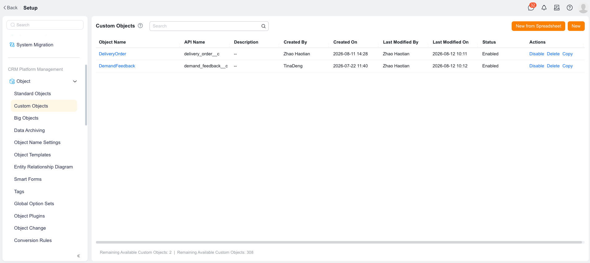 Custom object list and create button