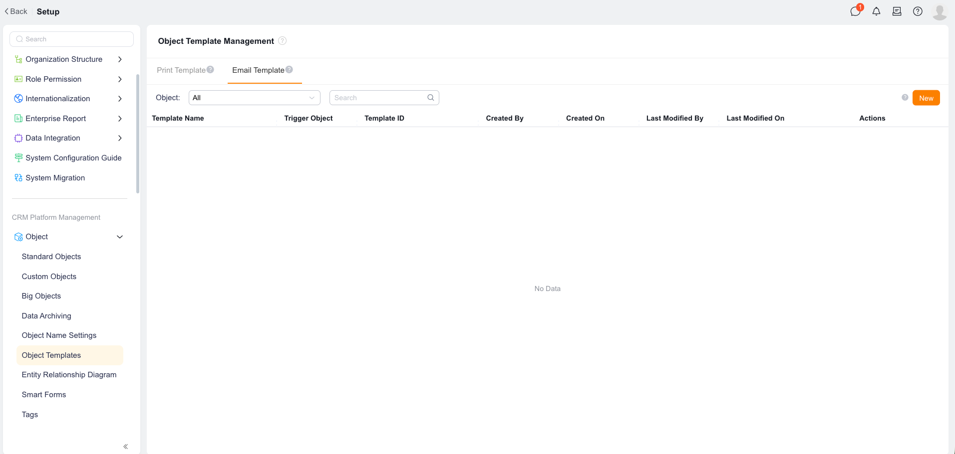 Email template management interface