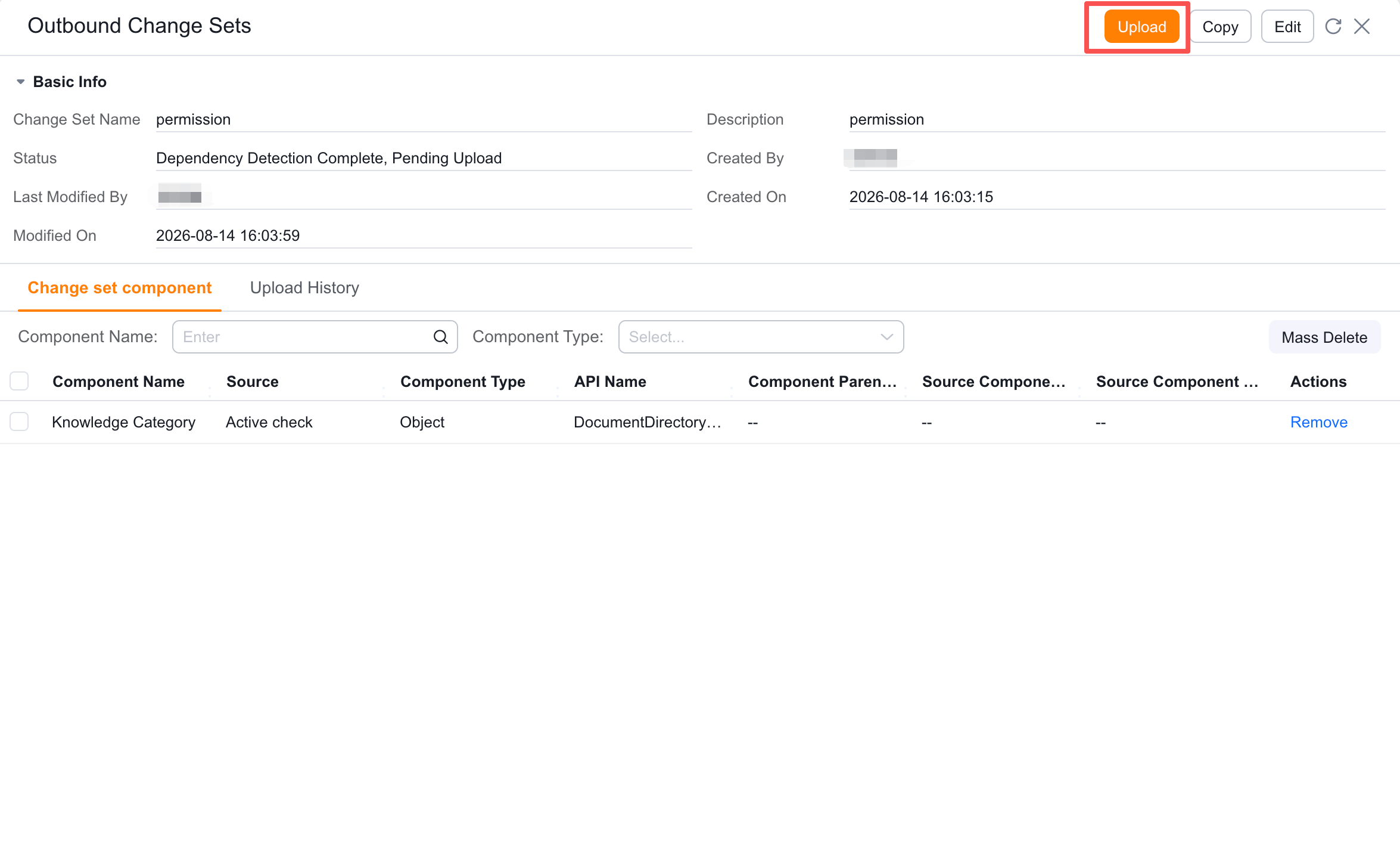 Upload an outbound change set