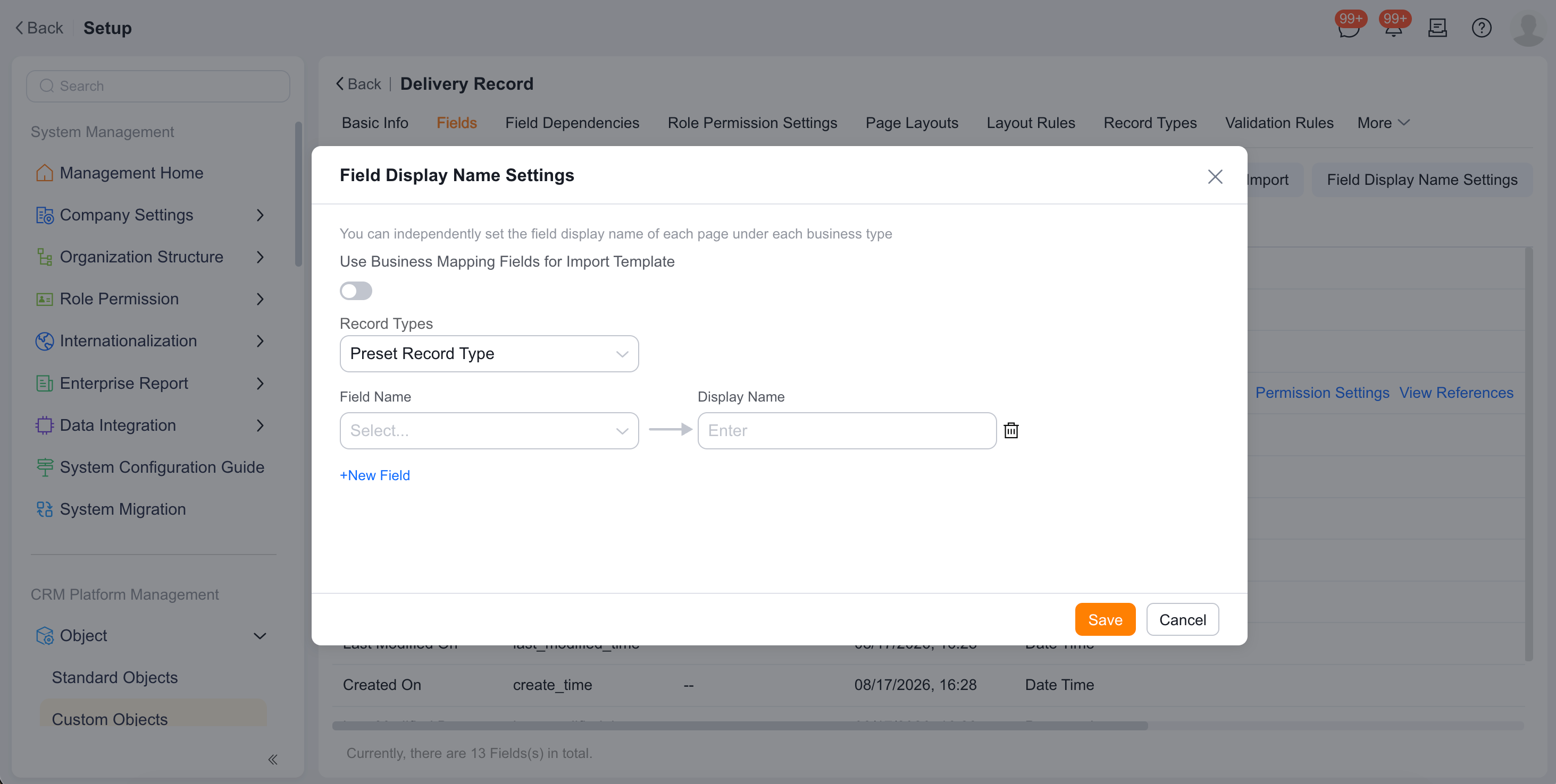 Field display name settings entry