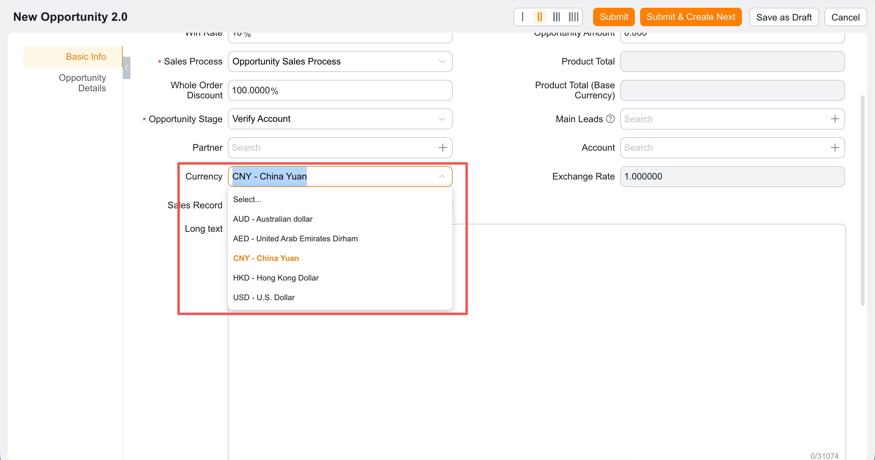 Select a transaction currency on a business record