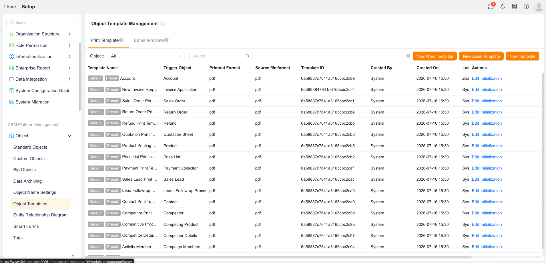 Print template management interface