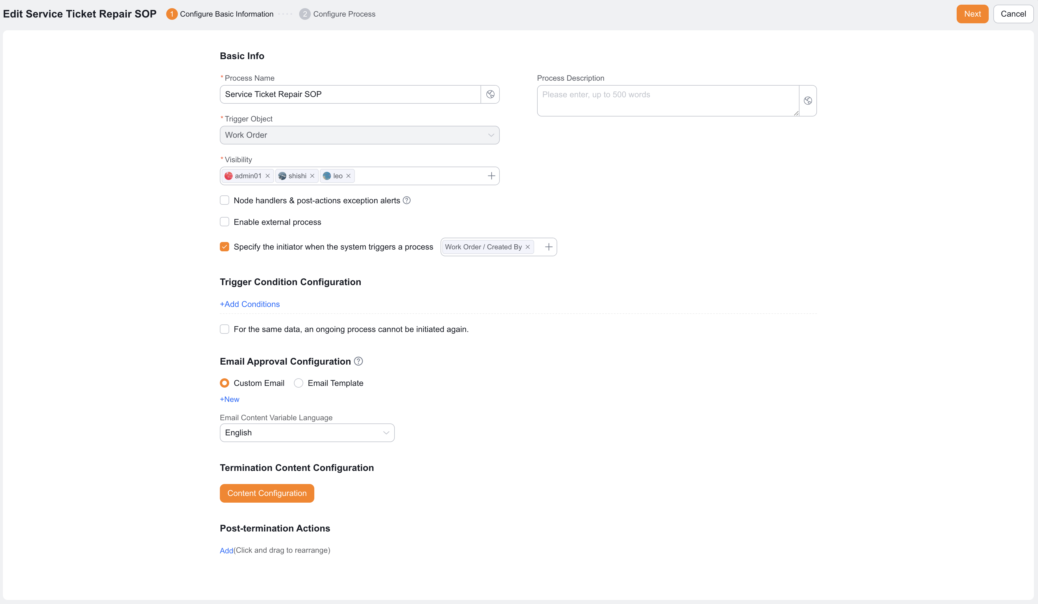 Select a Business Process template