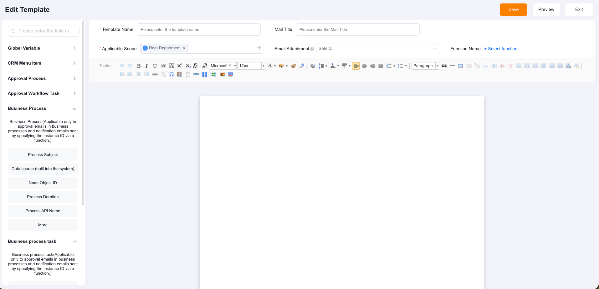 Email template editing page