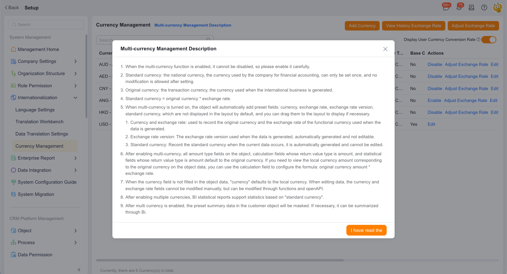 Review multiple-currency management instructions