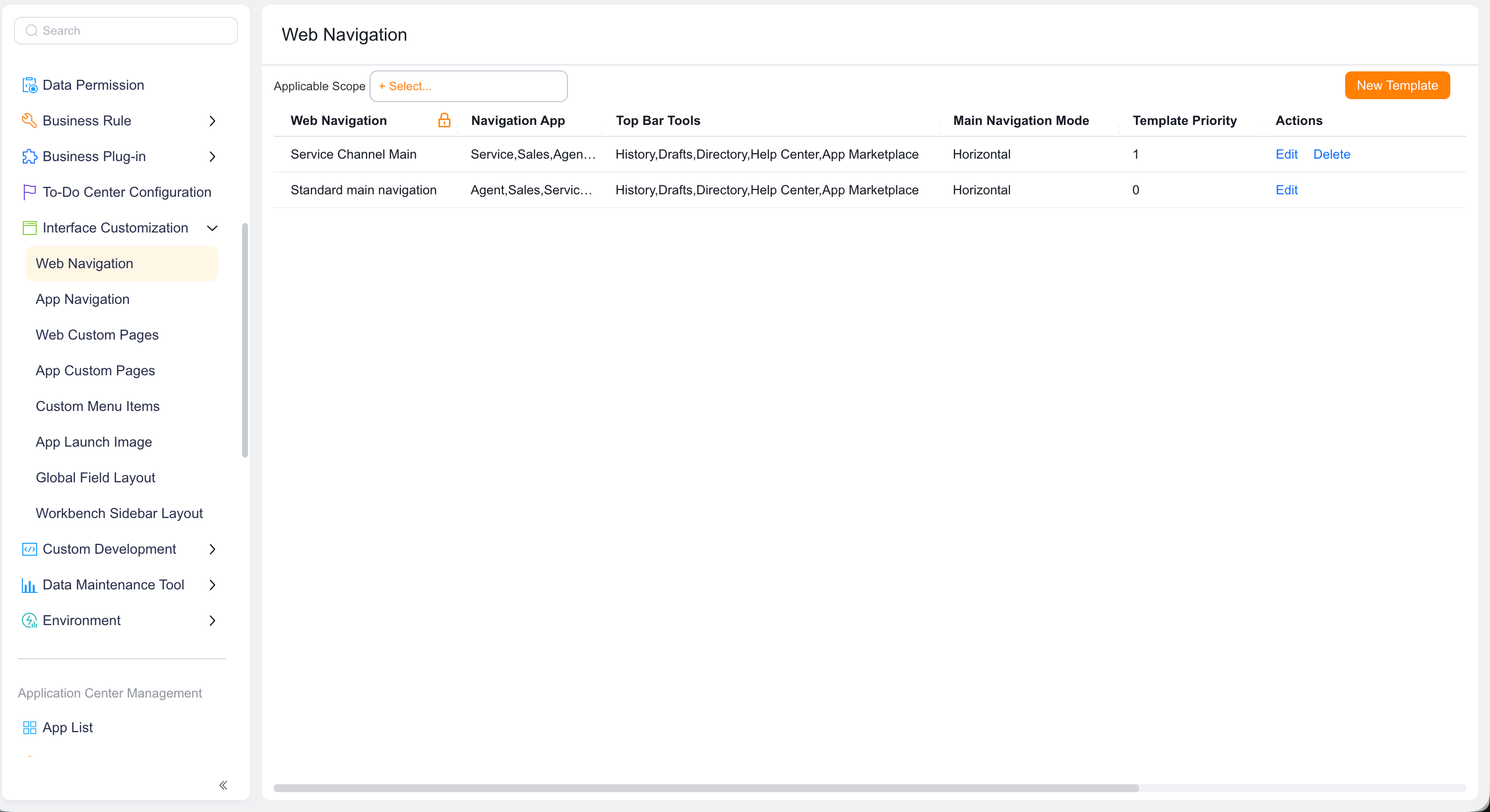 Web main navigation list