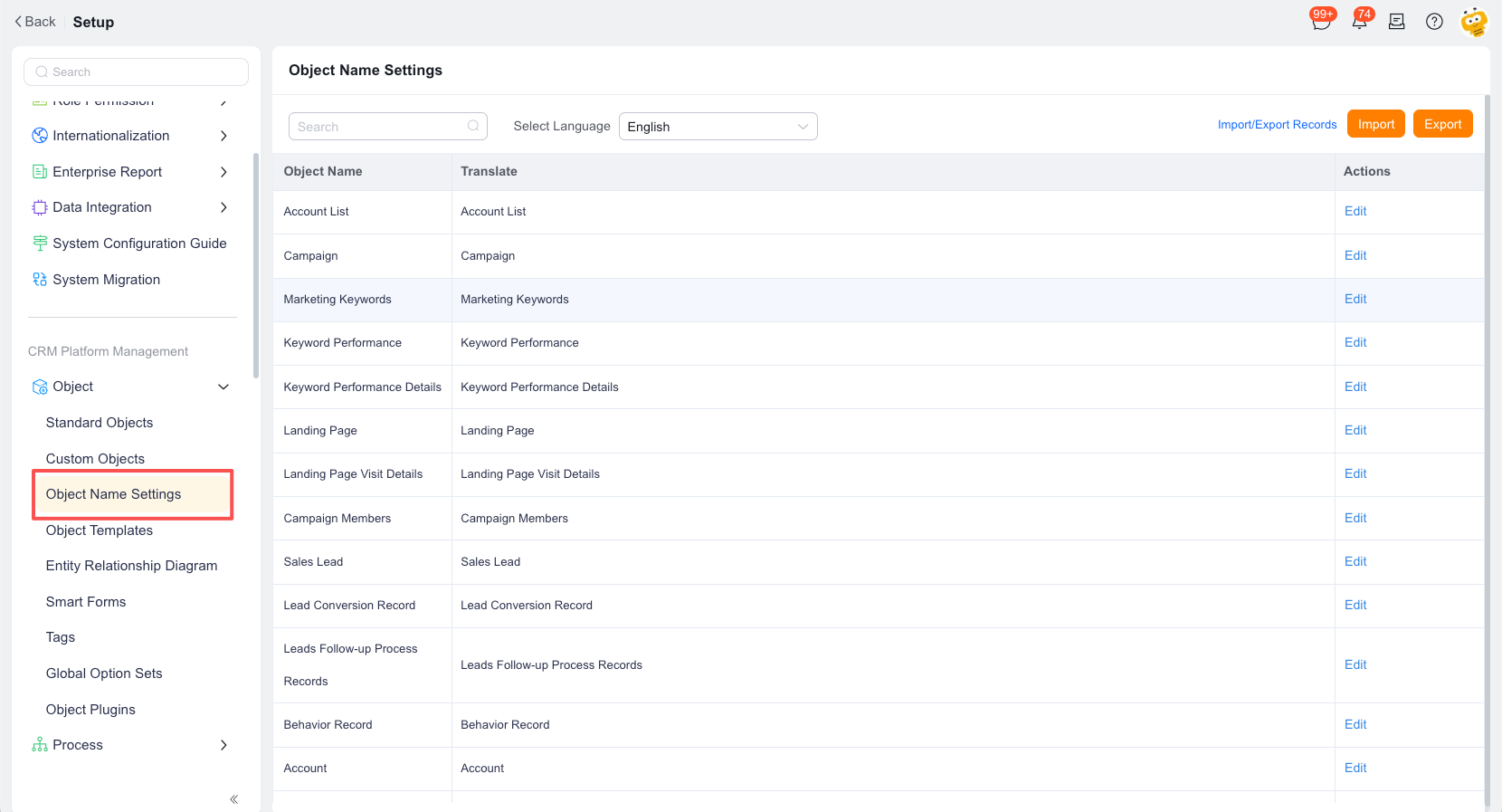 Select an object and target language