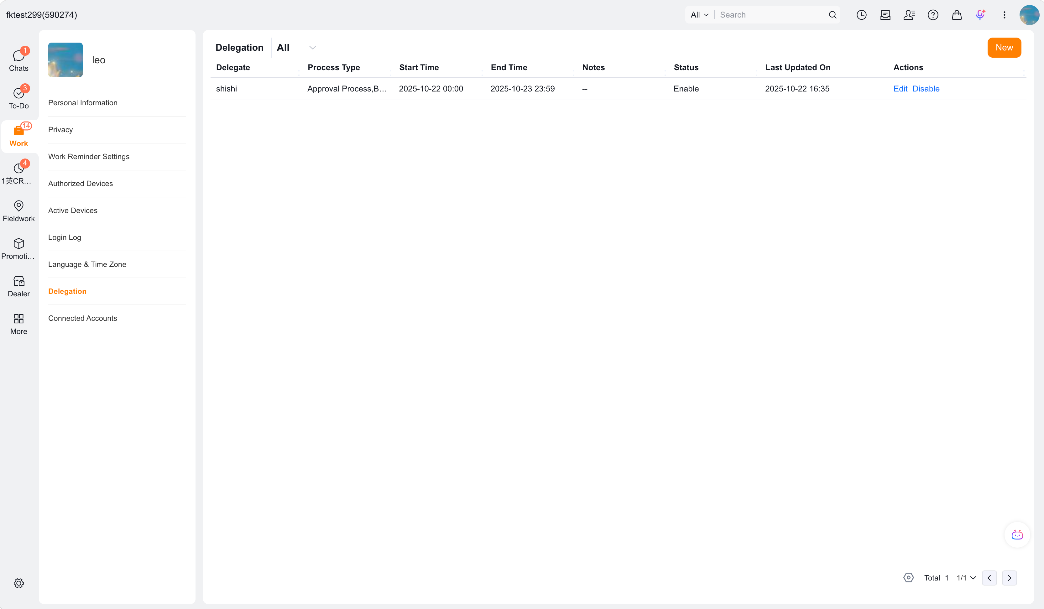 Personal Level Process Delegation settings