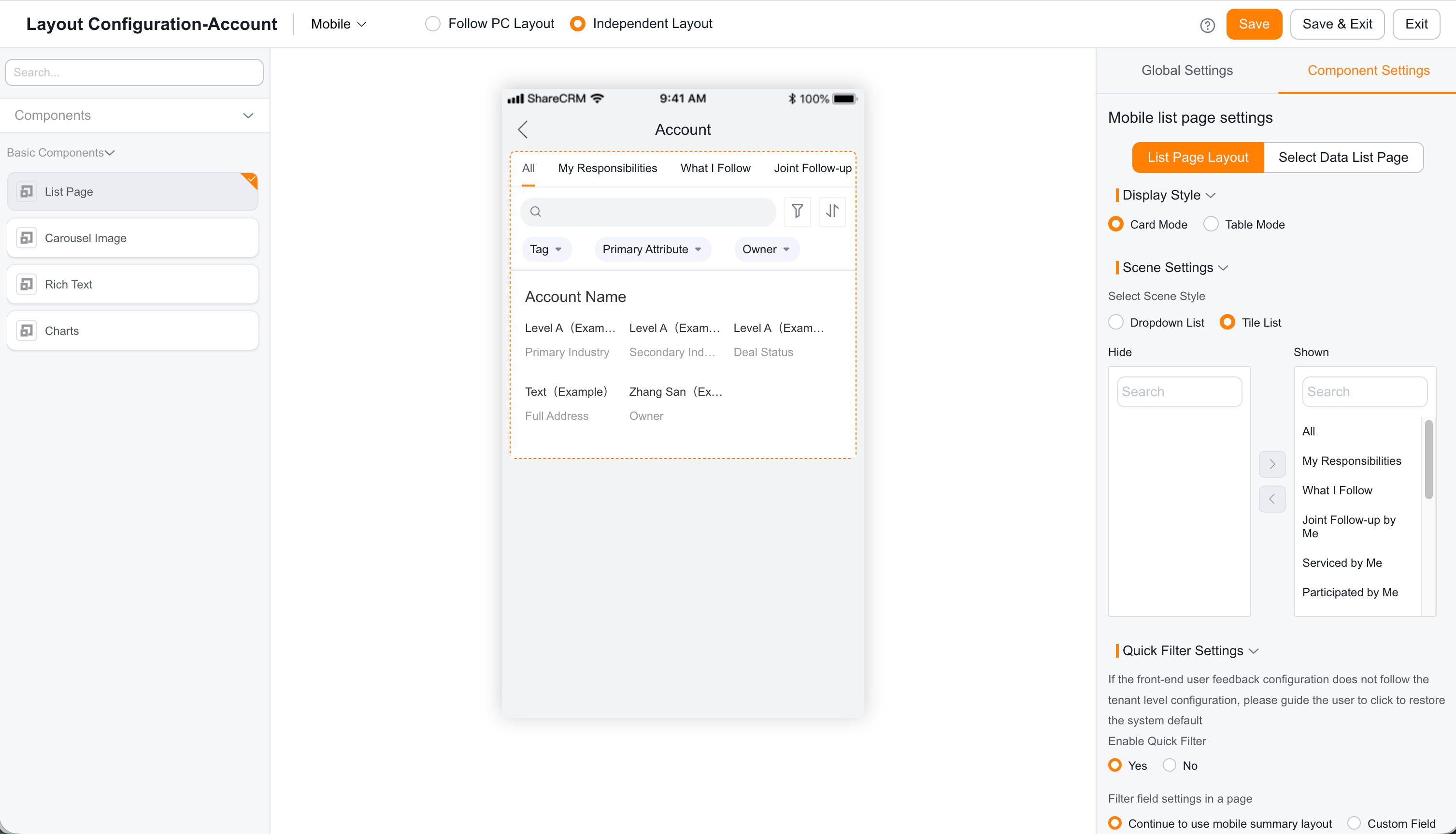 Standalone mobile list configuration