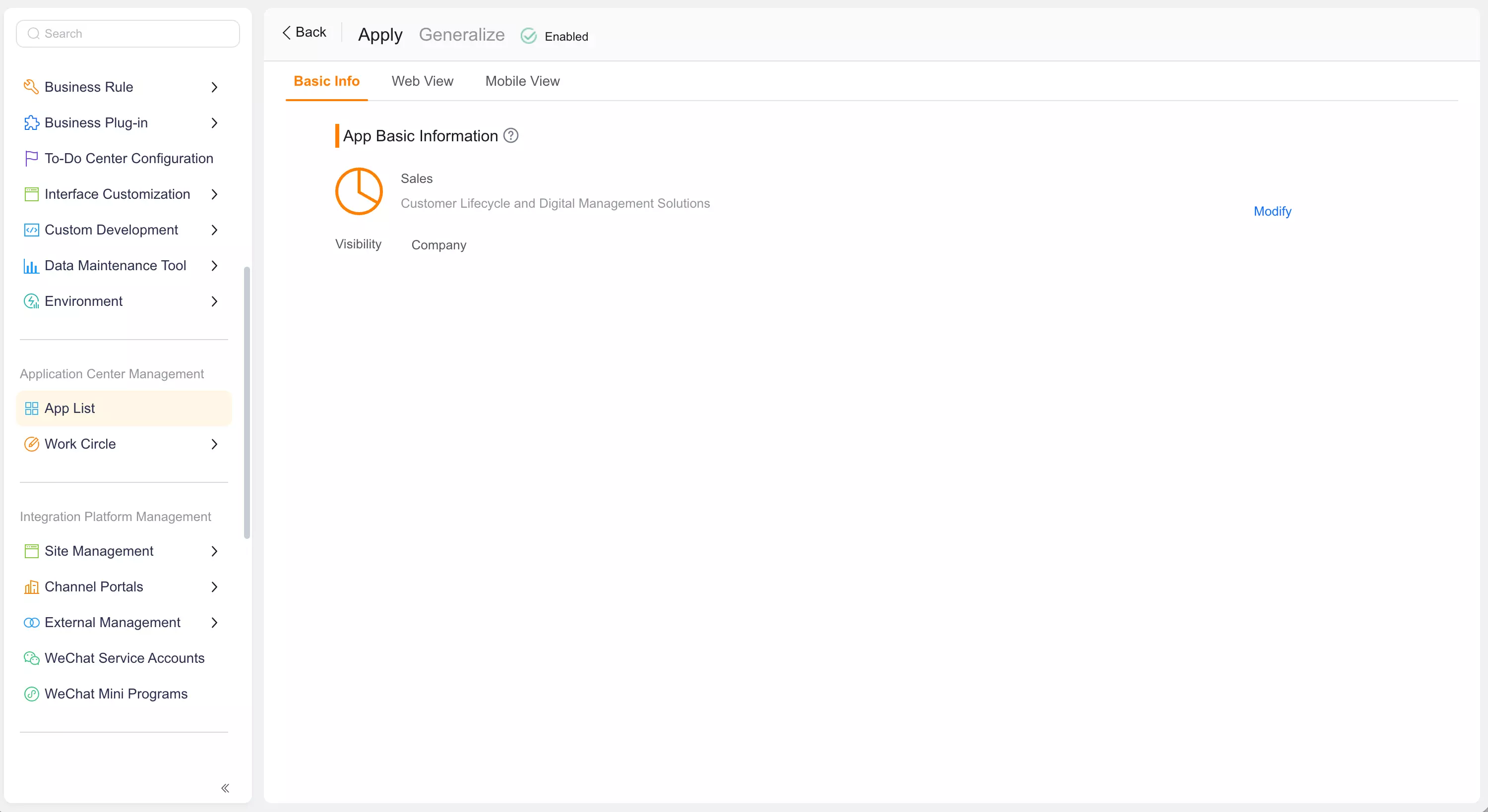 CRM application settings