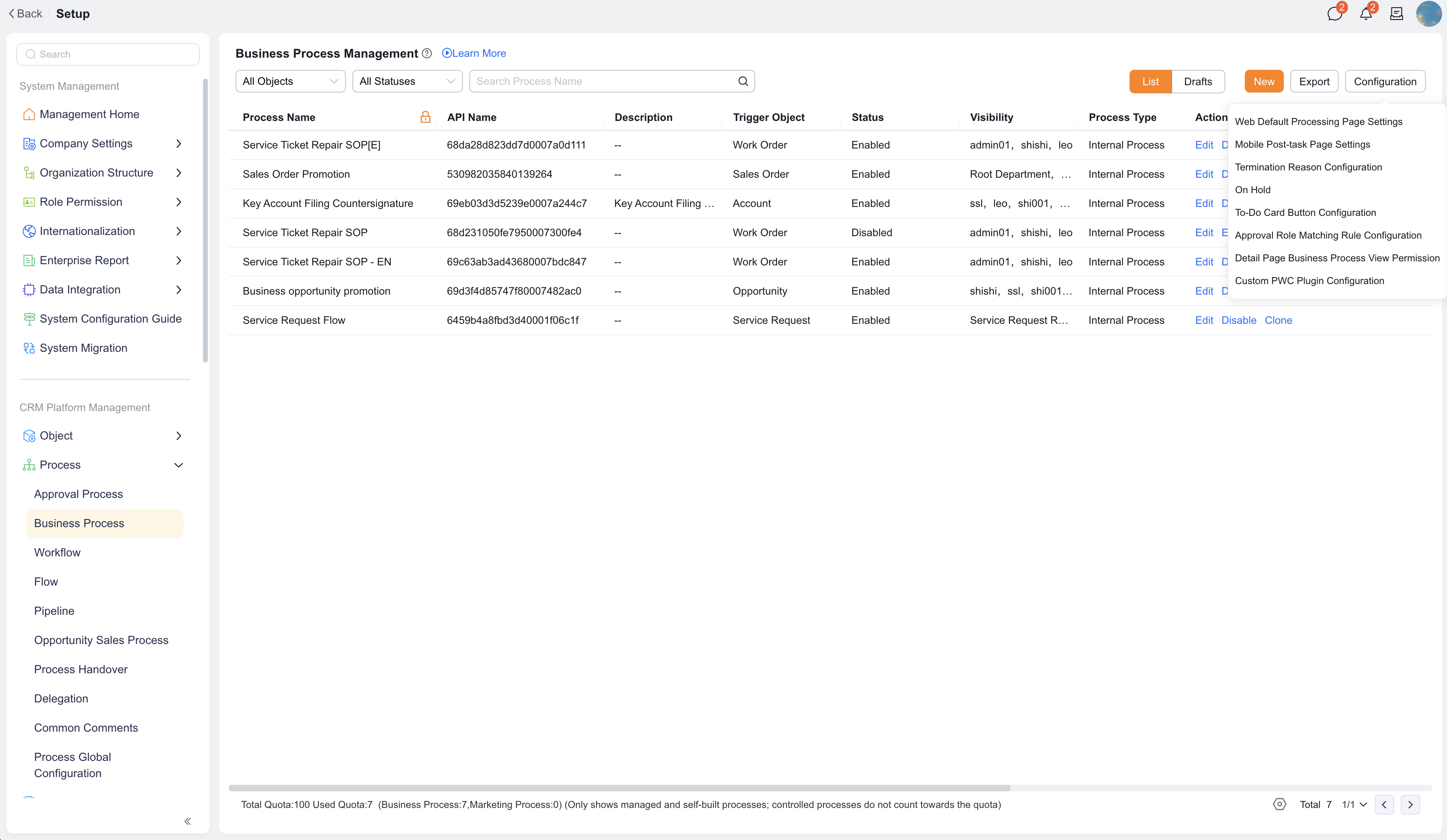 Business Process global settings entry