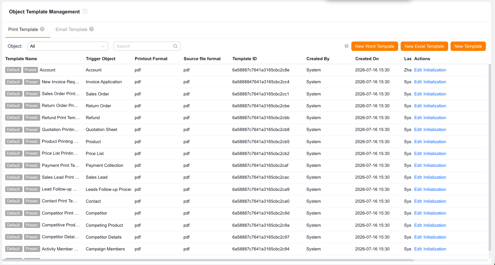 Excel template operations