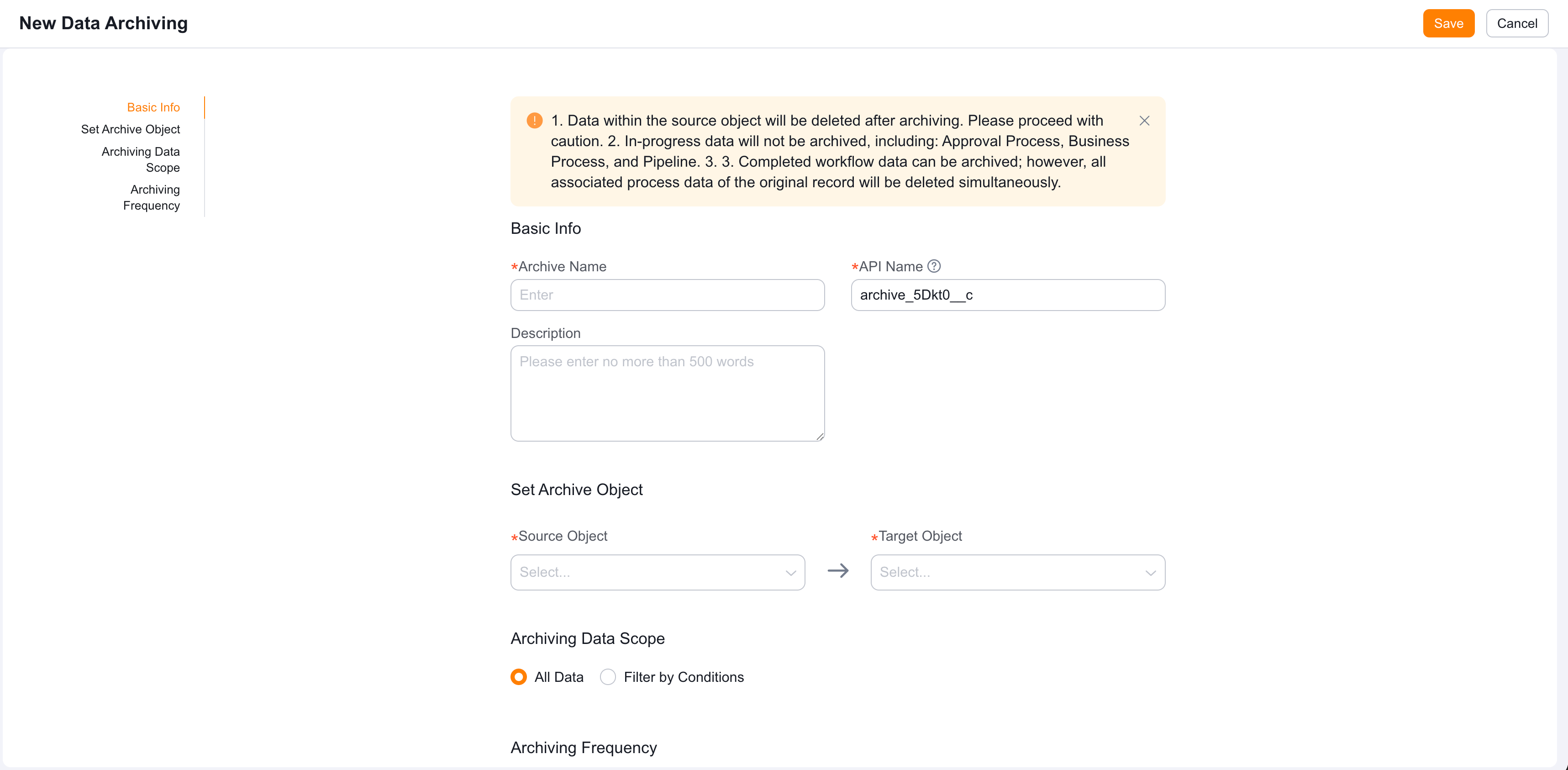 Create archiving rule entry
