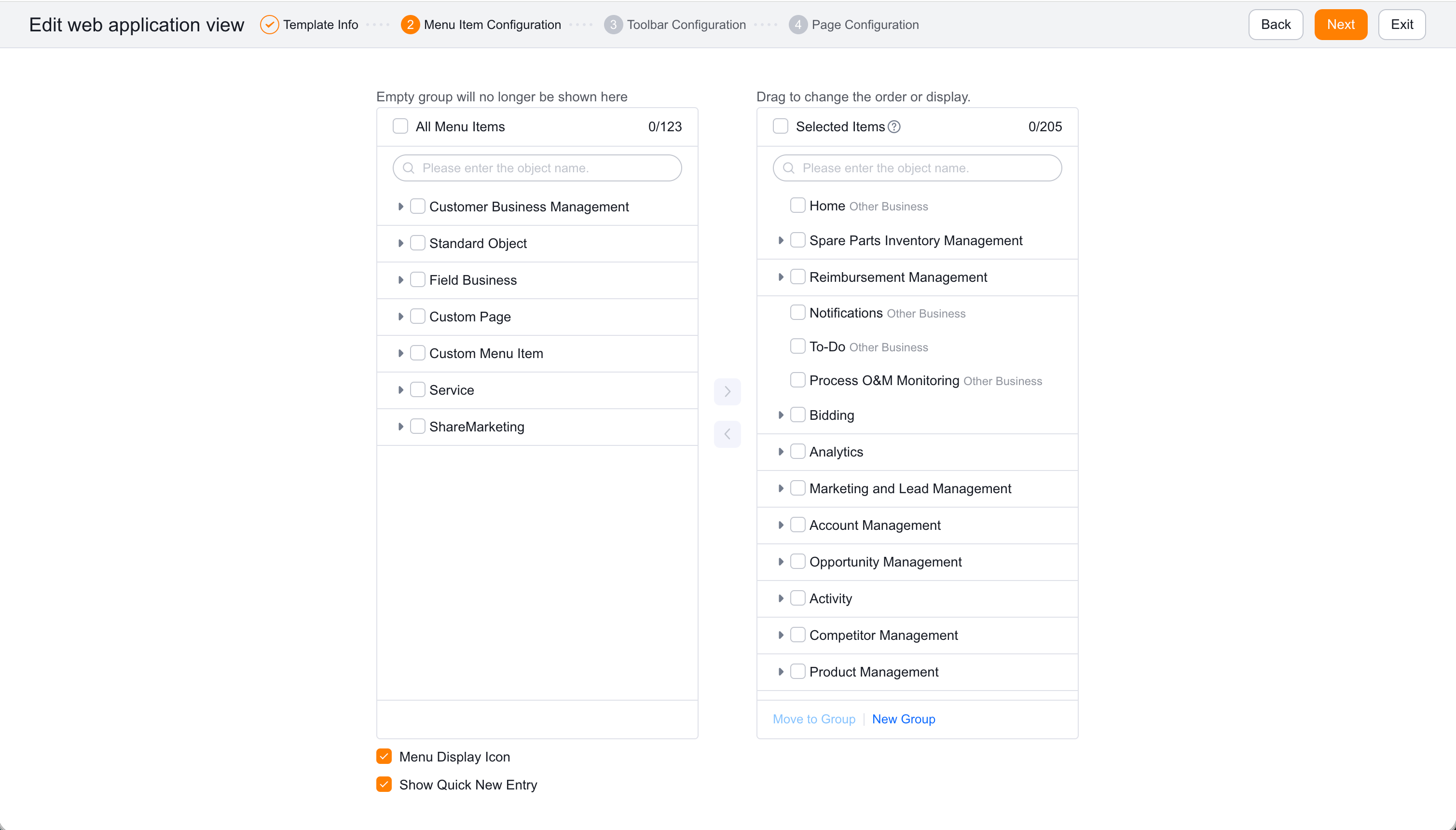 Configure CRM menu items