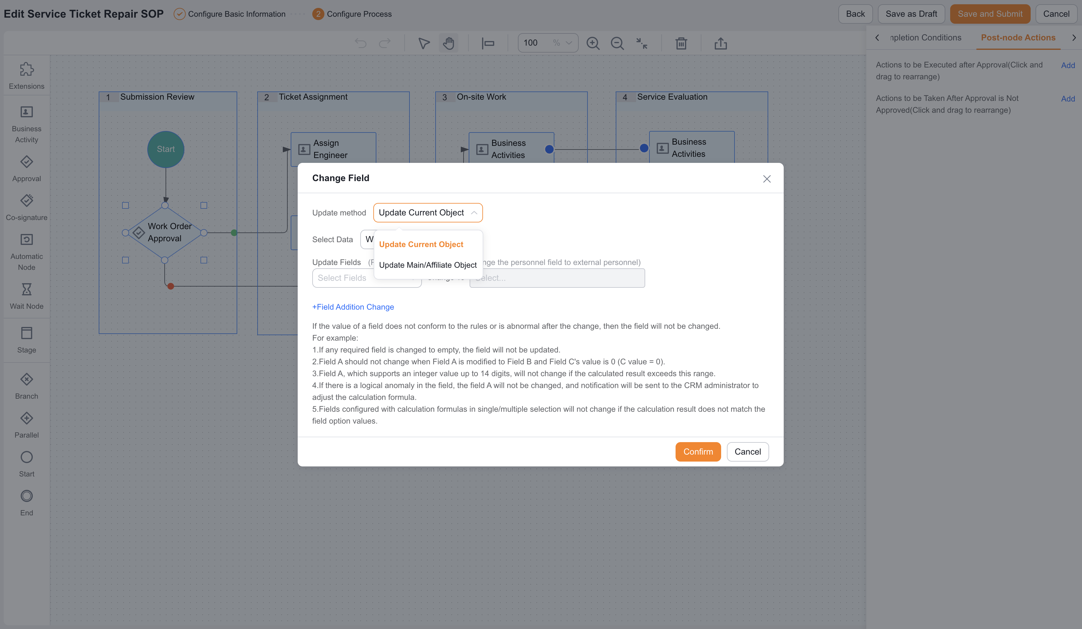 Post-Business Process Field change action