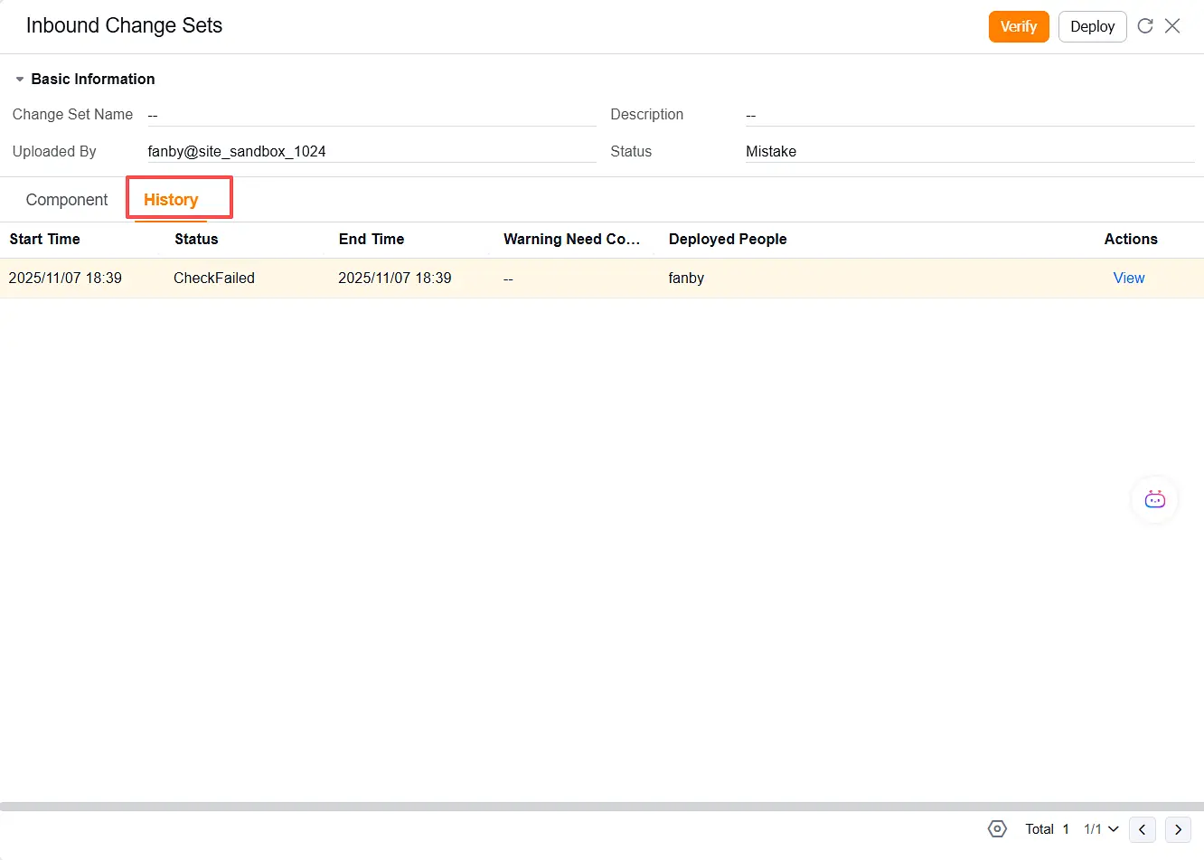 Inbound change set history