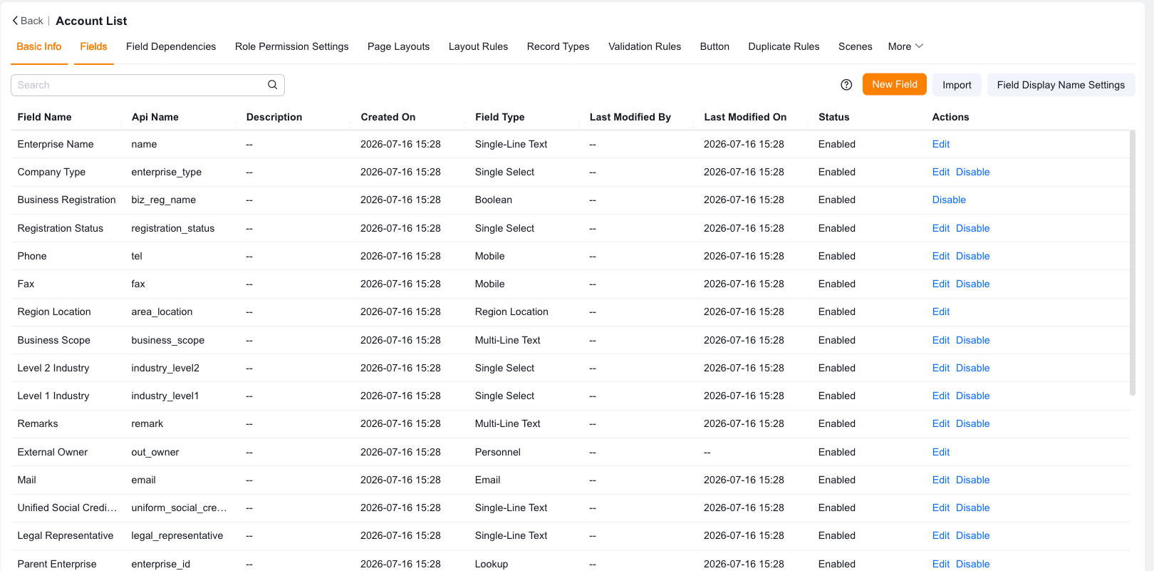 Editable standard fields