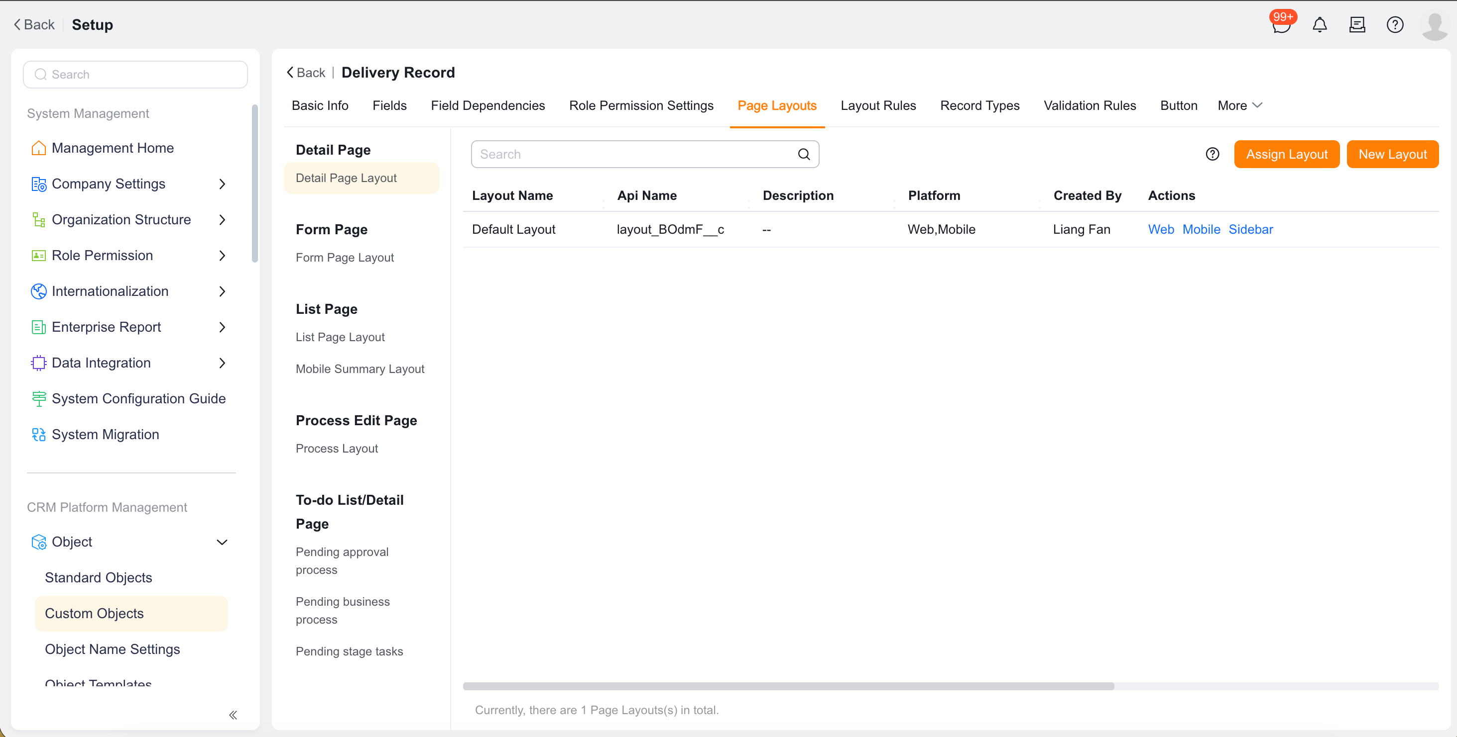 Open the layout configuration for the Delivery Record object