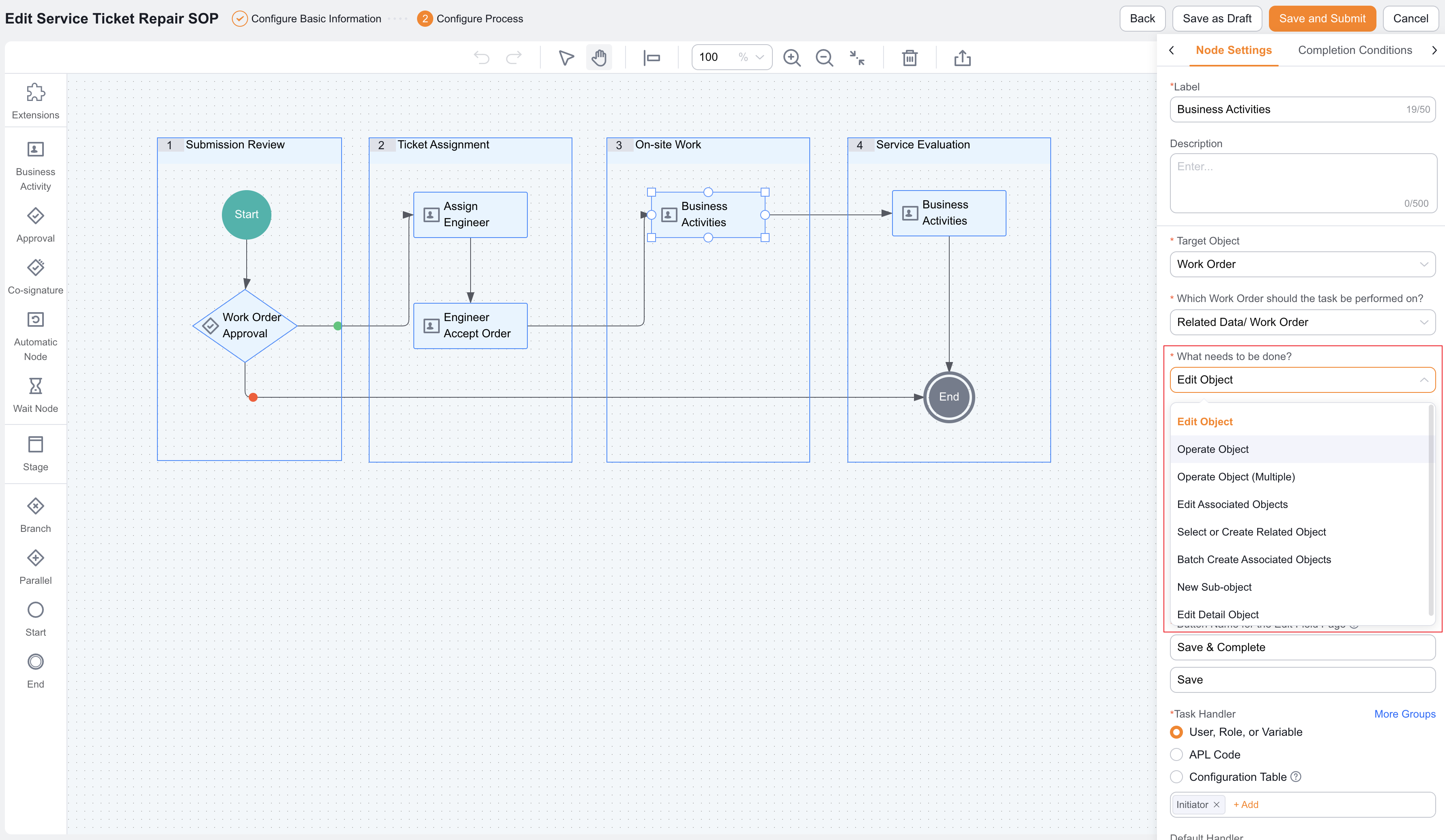 Business handling action configuration