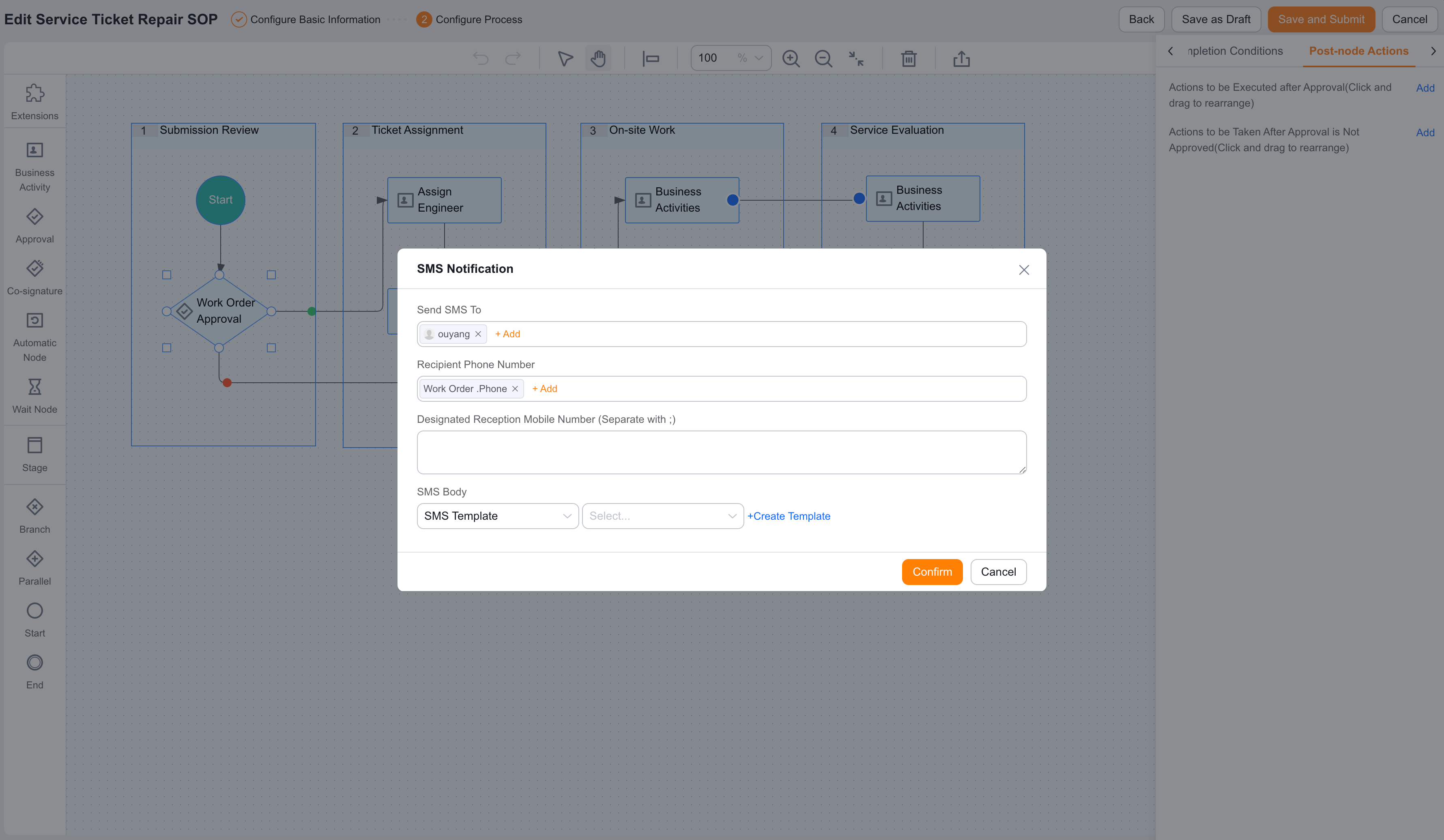 Post-Business Process SMS notification action