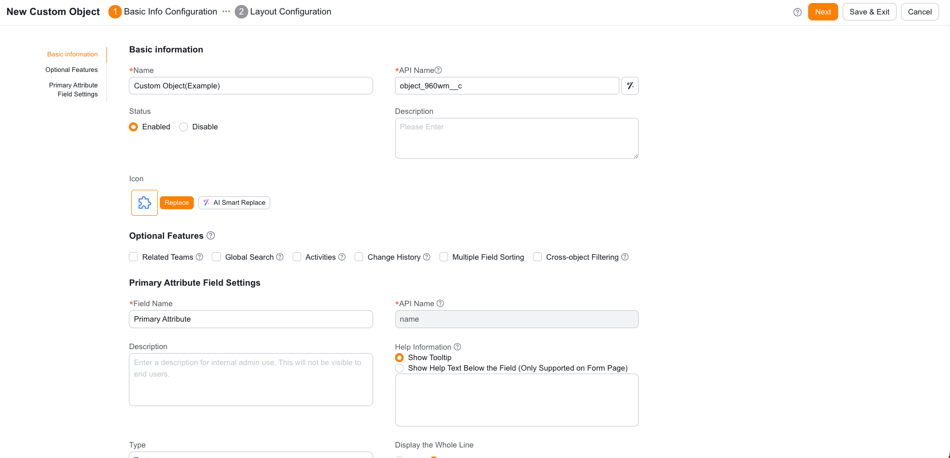 Basic object information configuration