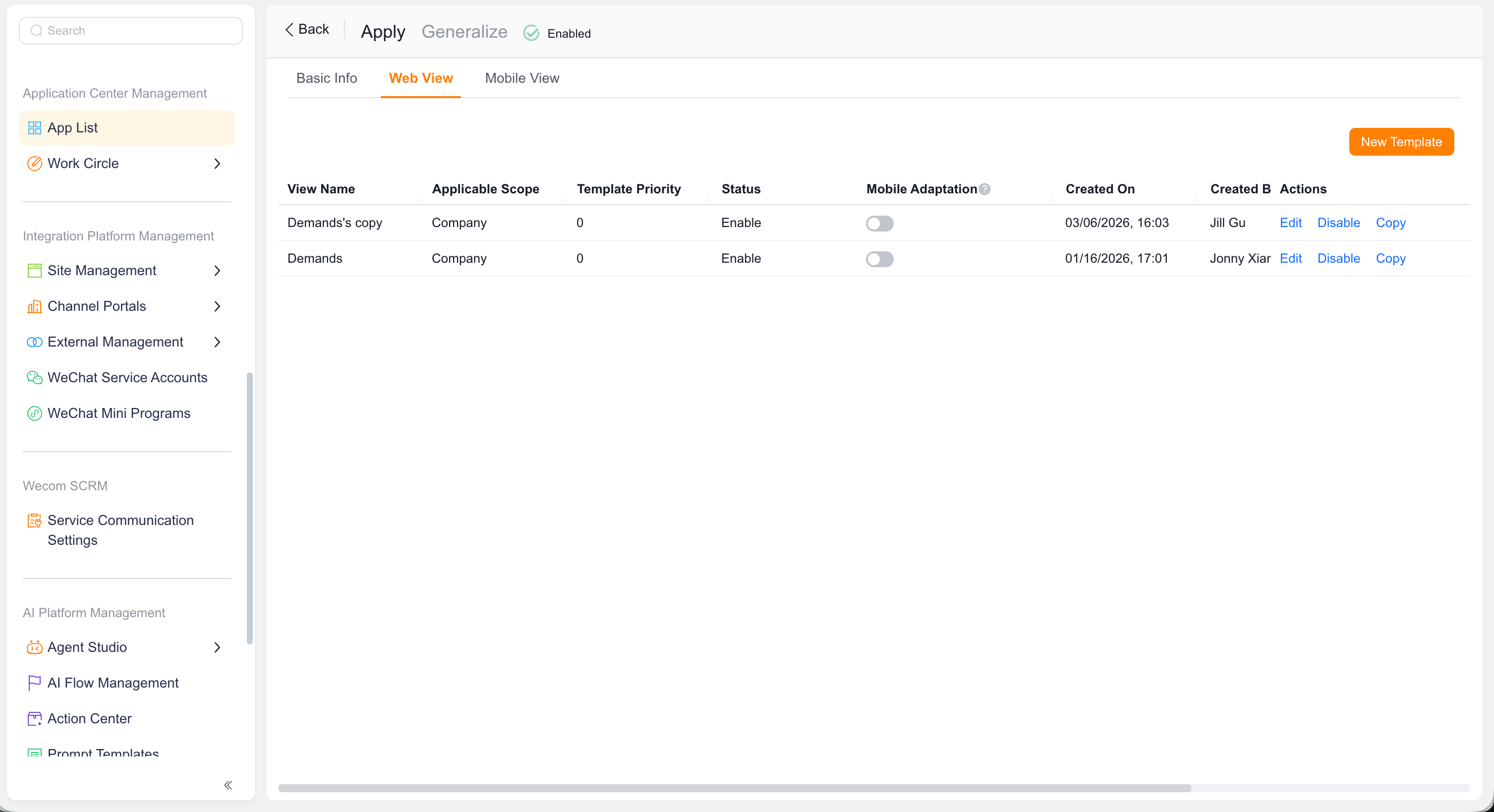 Web app view templates