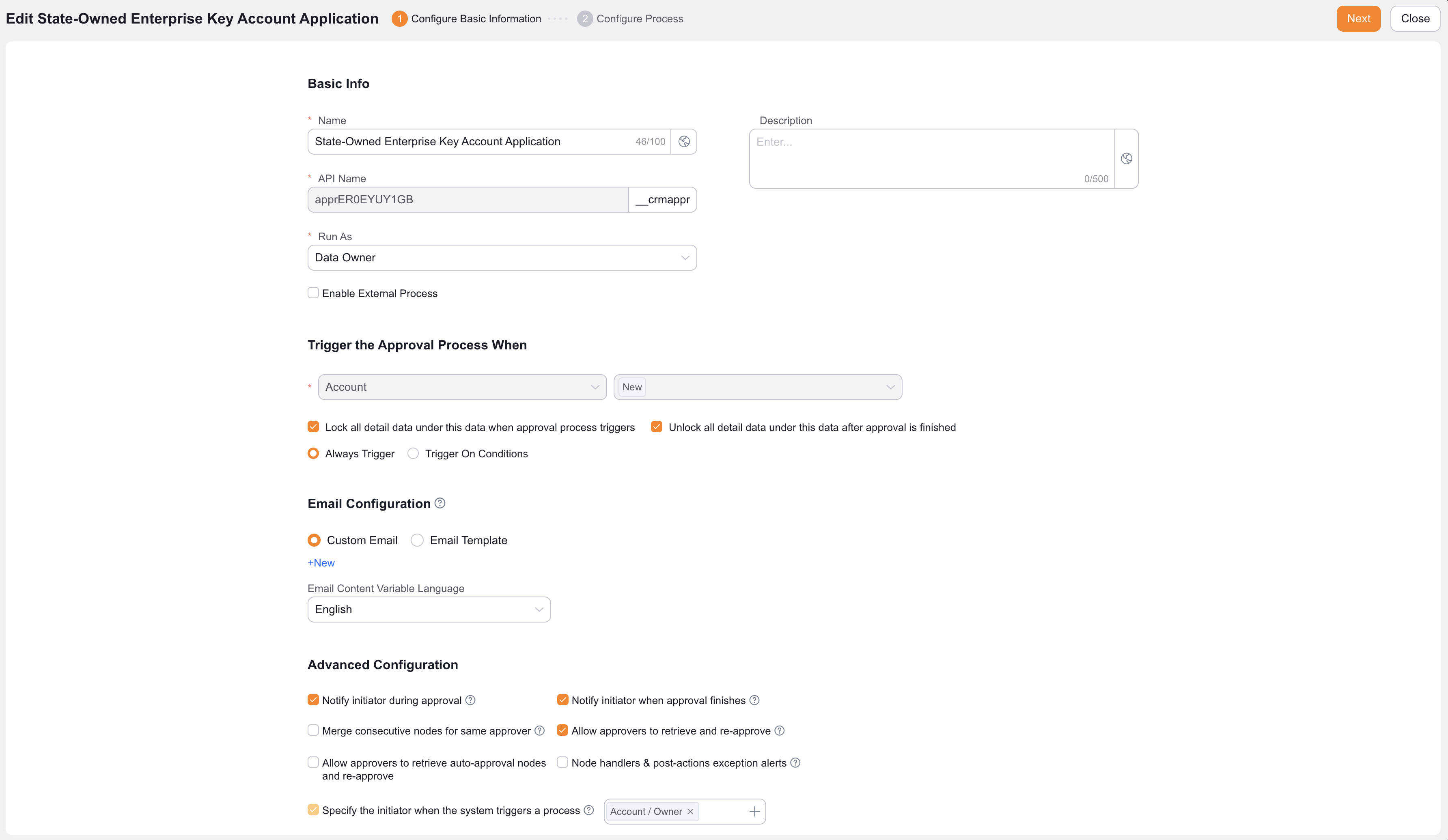 Approval Process trigger settings