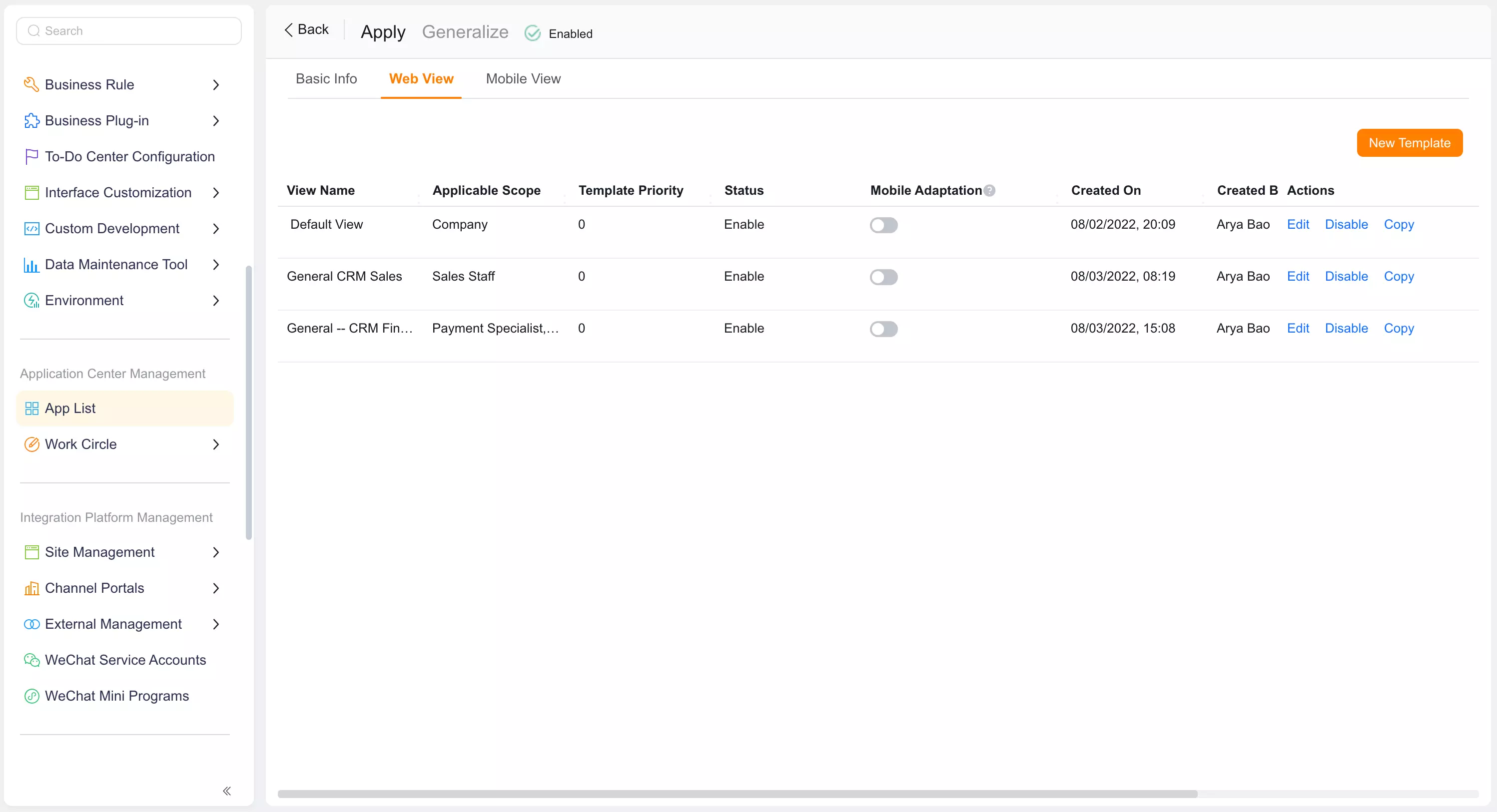 Web application view list