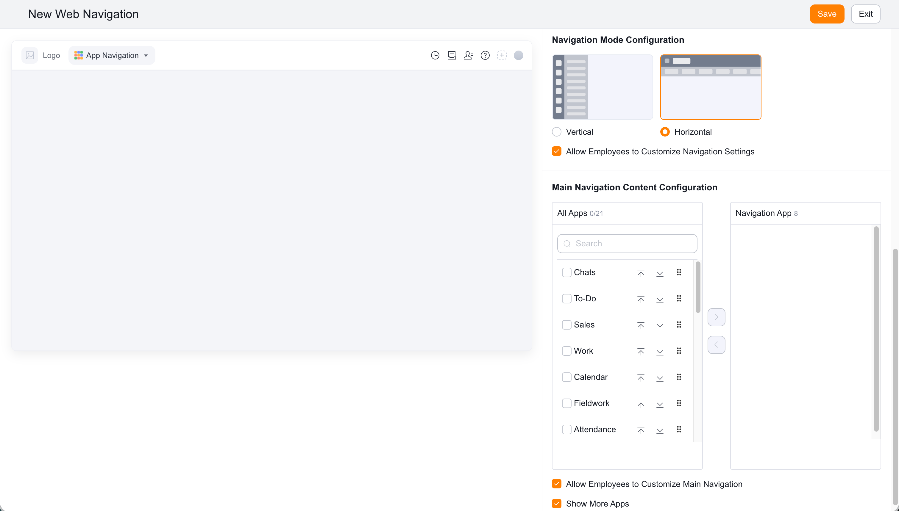 Configure Web main navigation