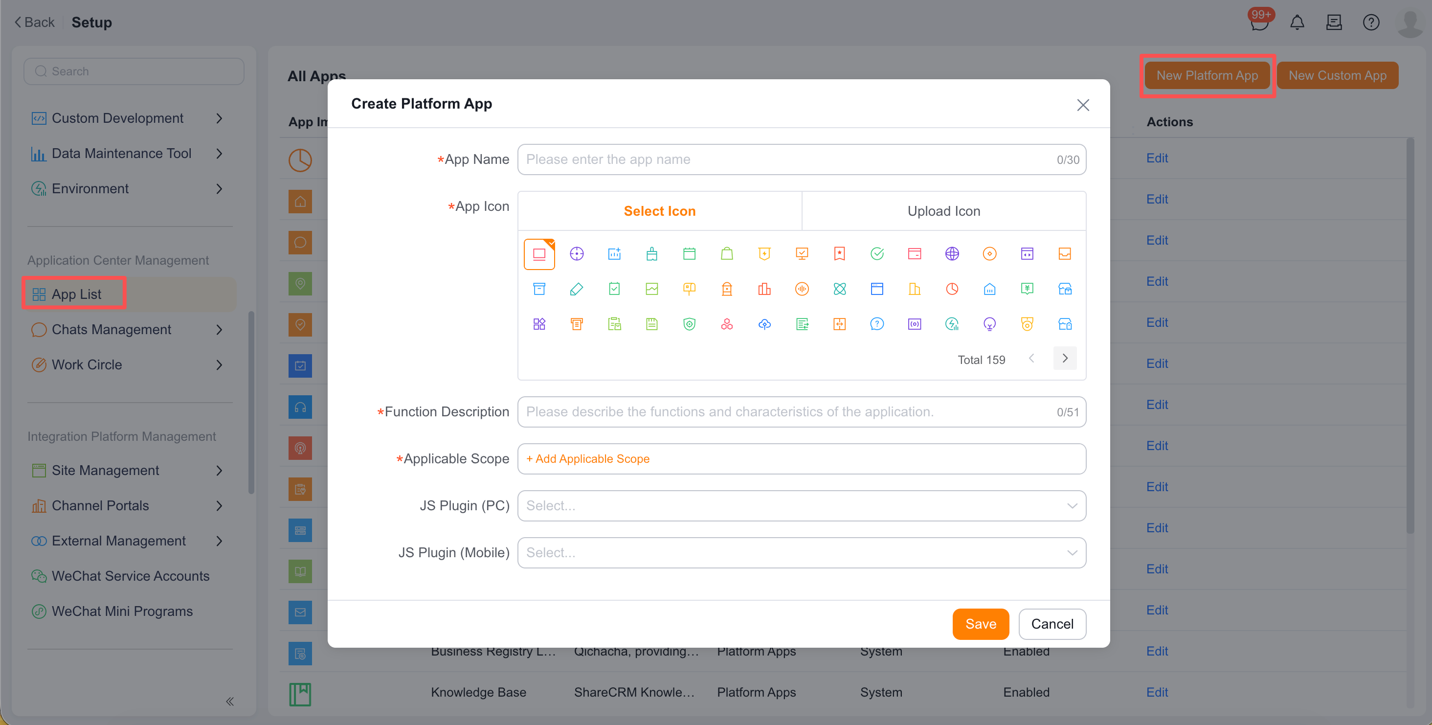 Create an application from the platform application list