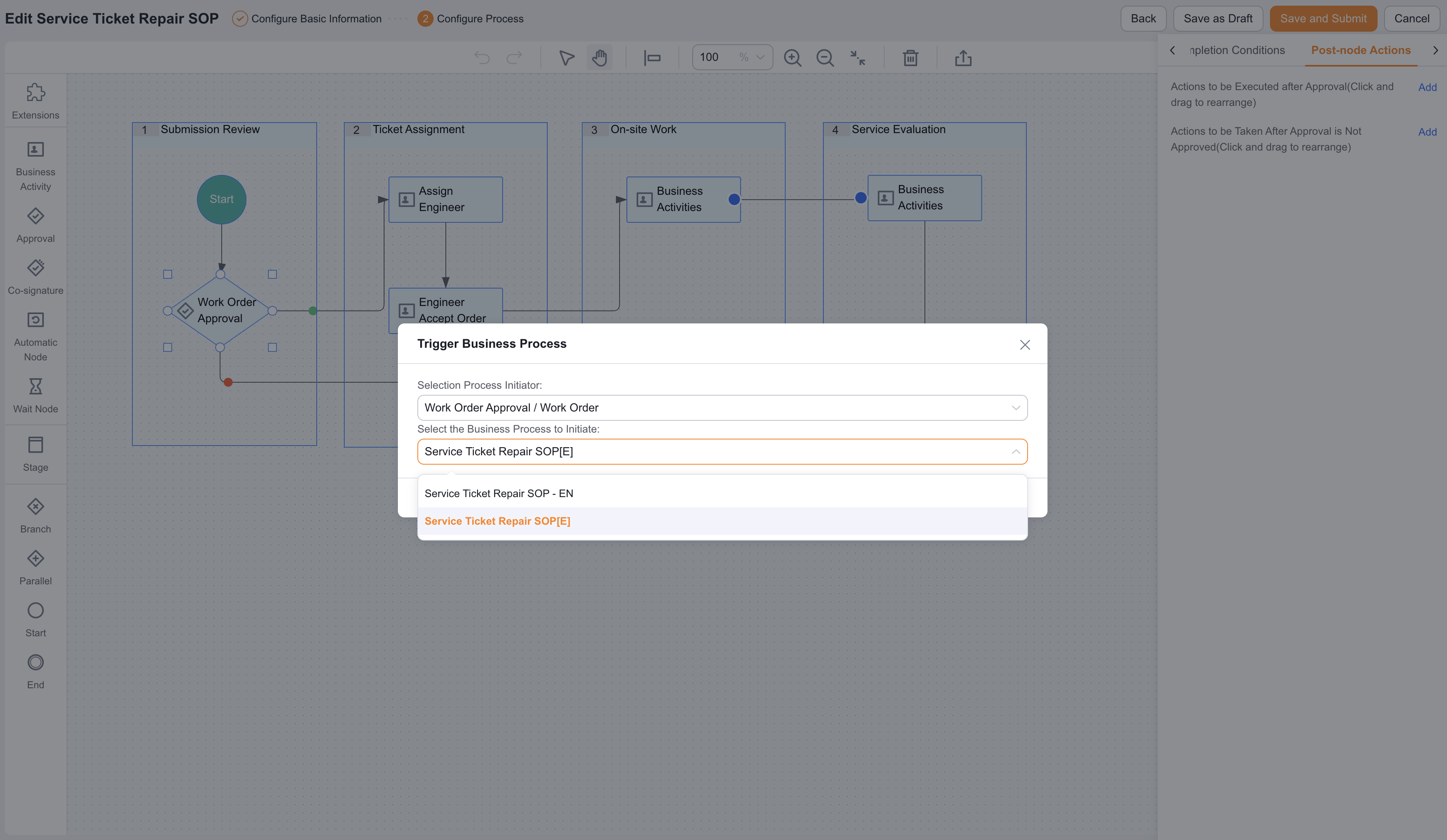 Post-Business Process Initiate Business Process action