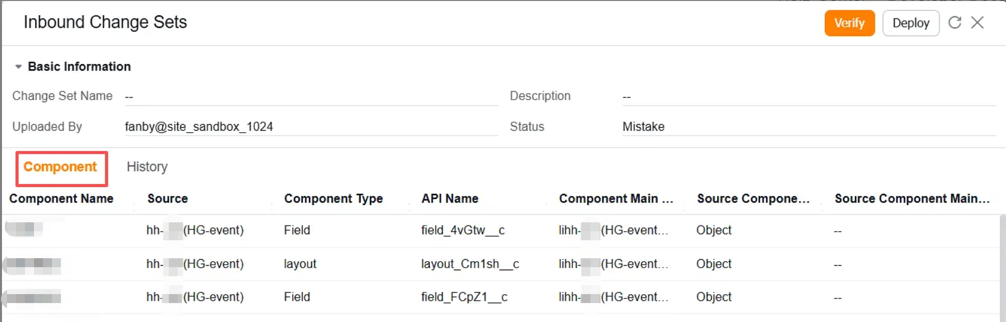Inbound change set component list