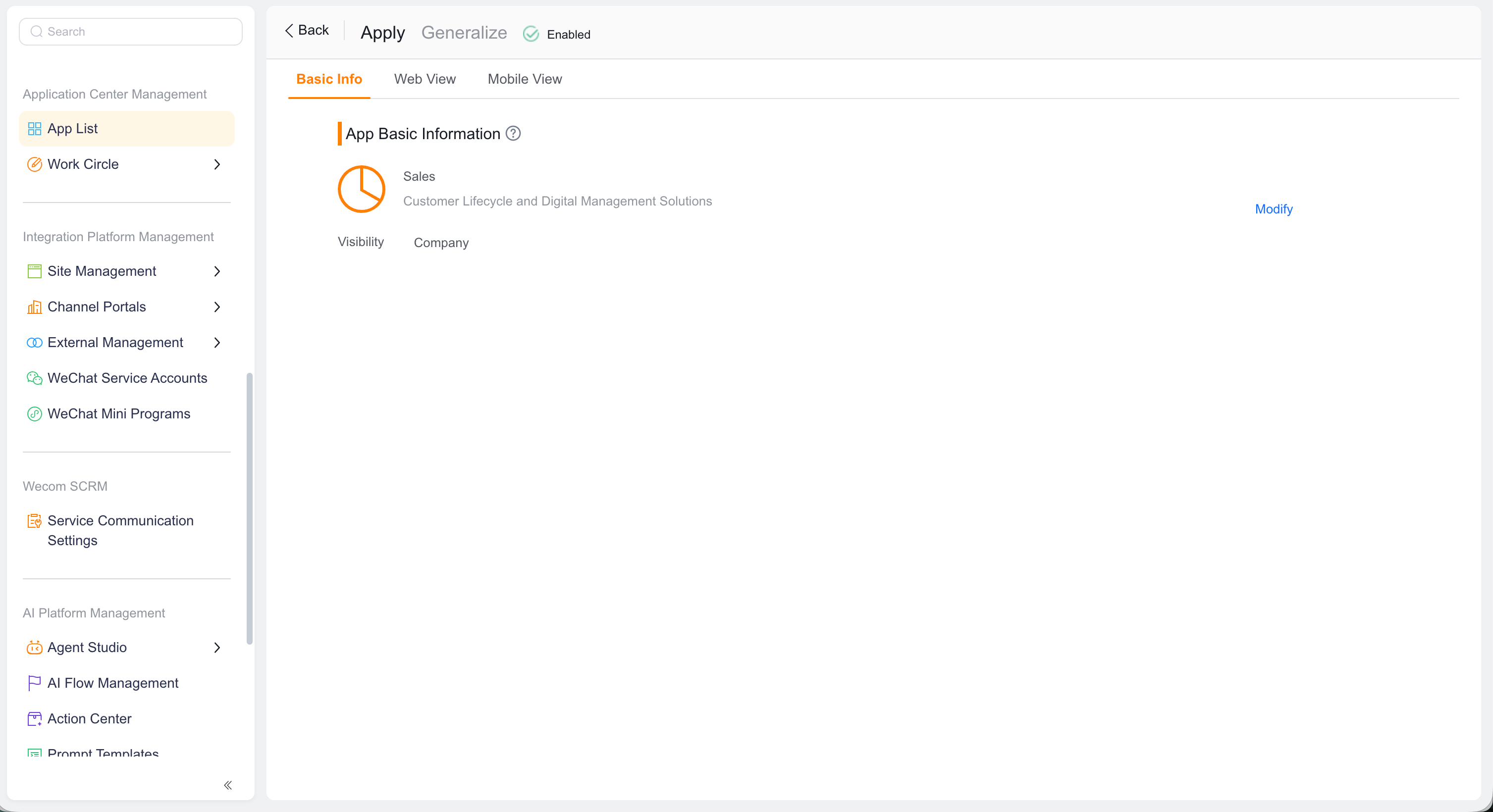 CRM Application tabs