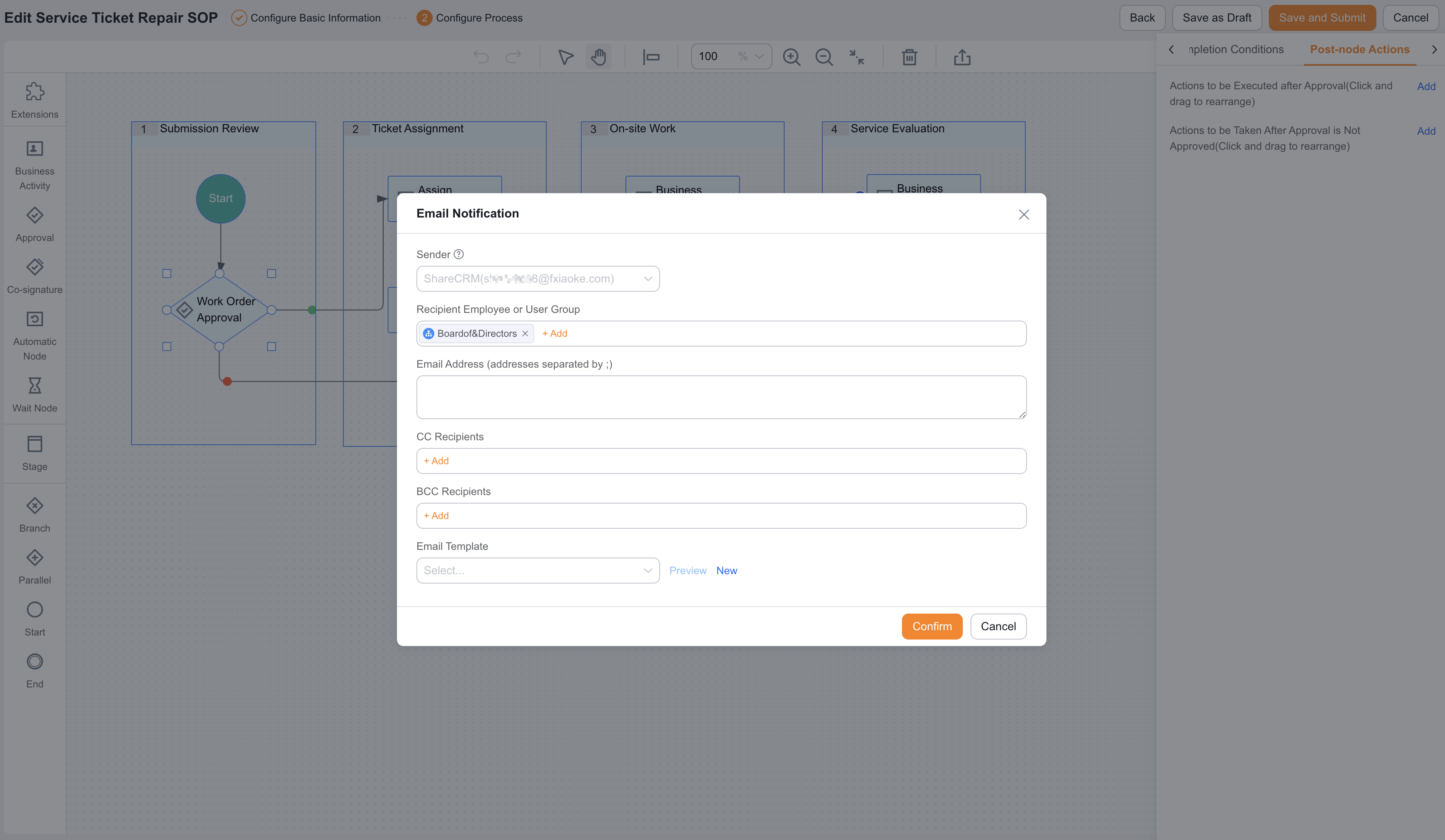 Post-Business Process Email notification action