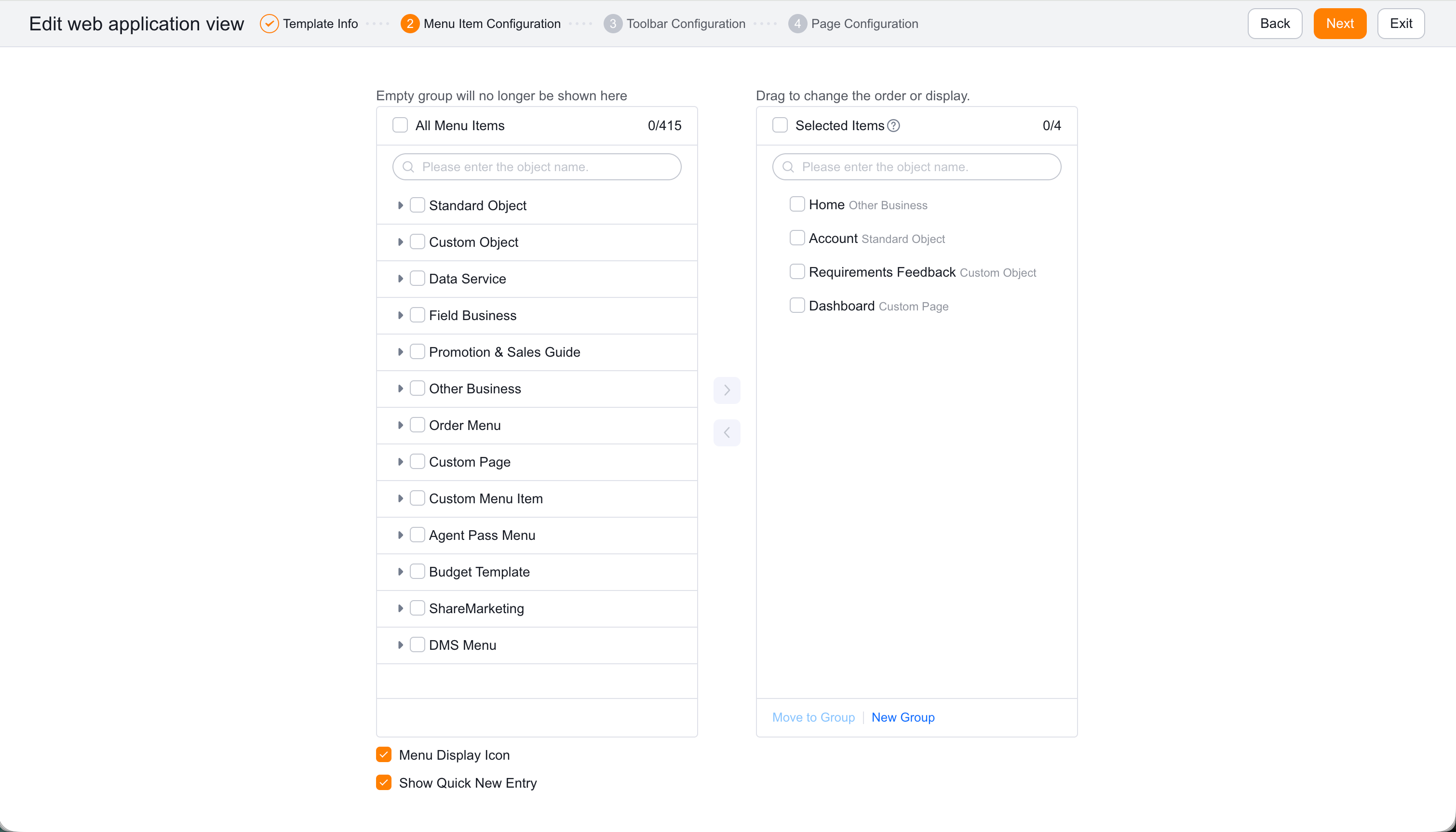 Configure Web view menus