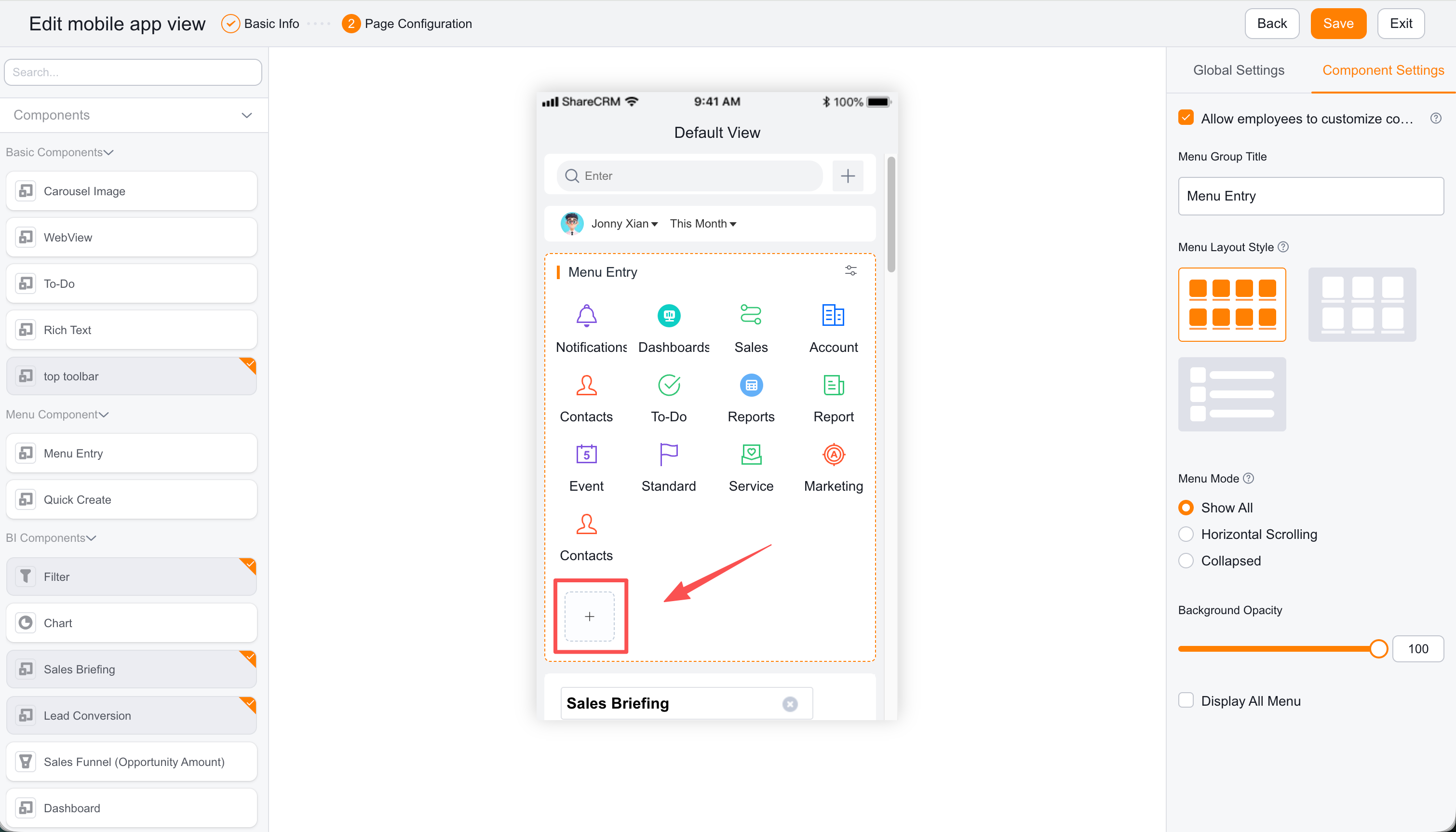 Configure the item in a mobile view