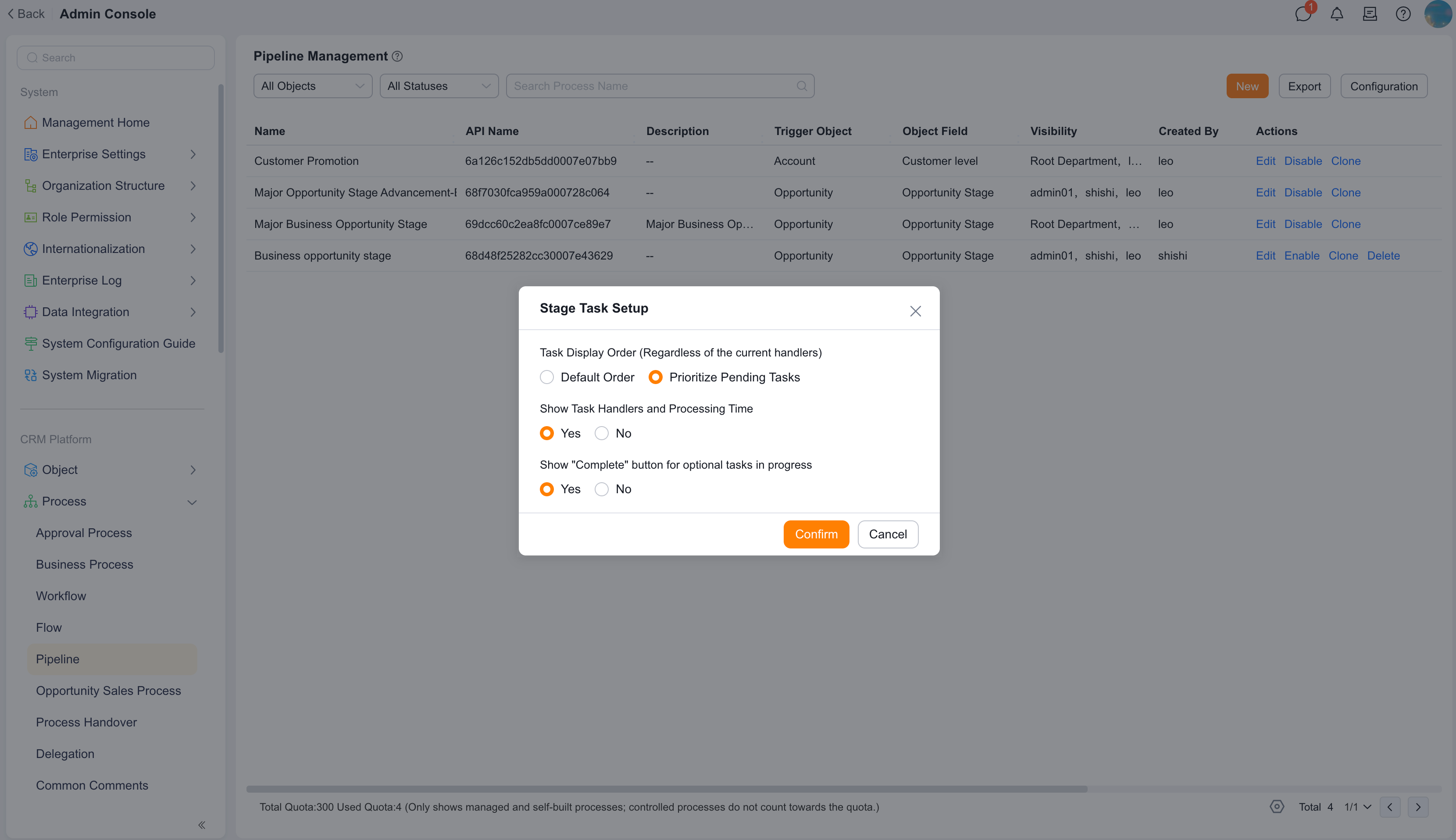 Stage task Display Order settings