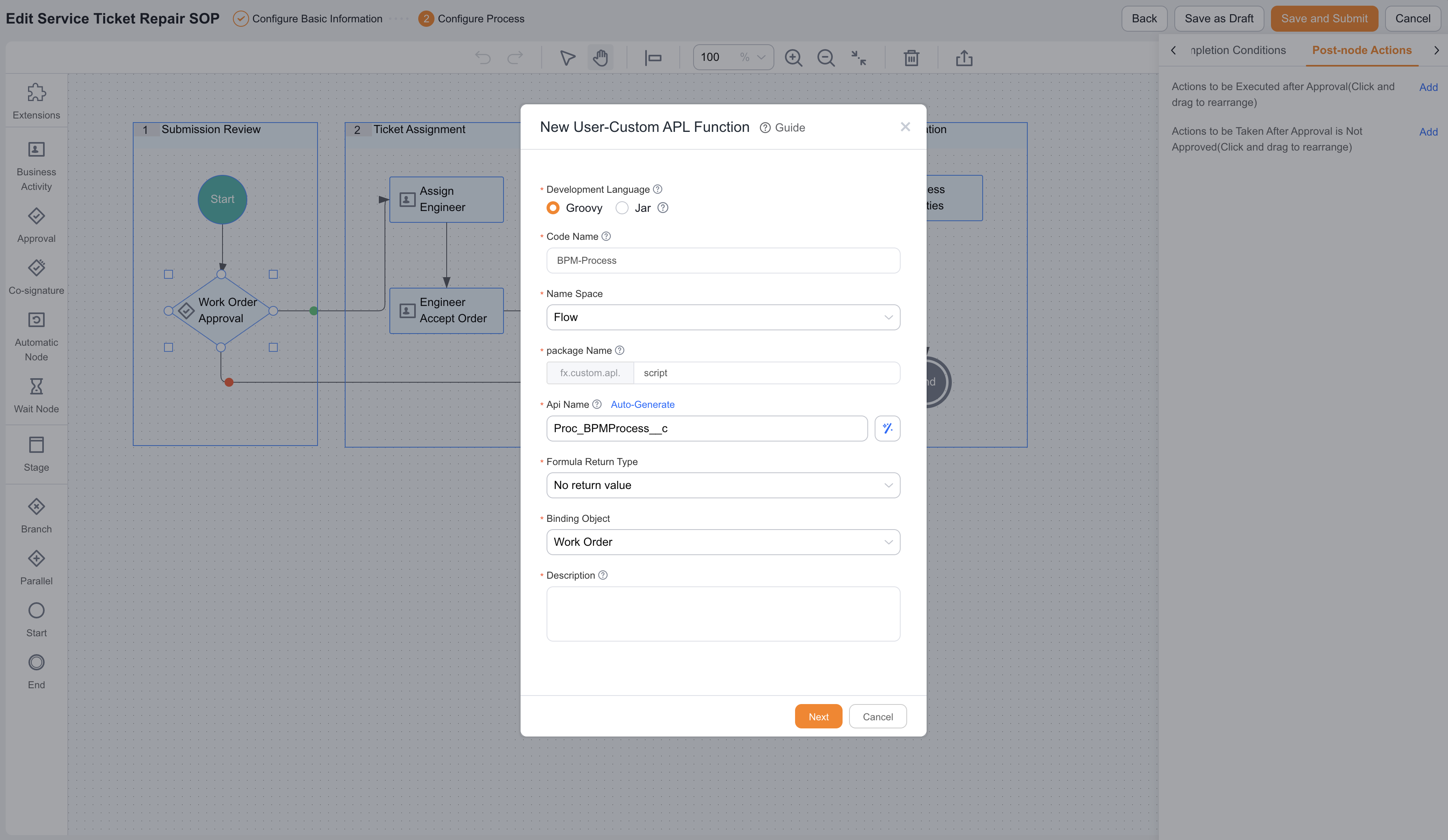 Post-Business Process Execute APL code action