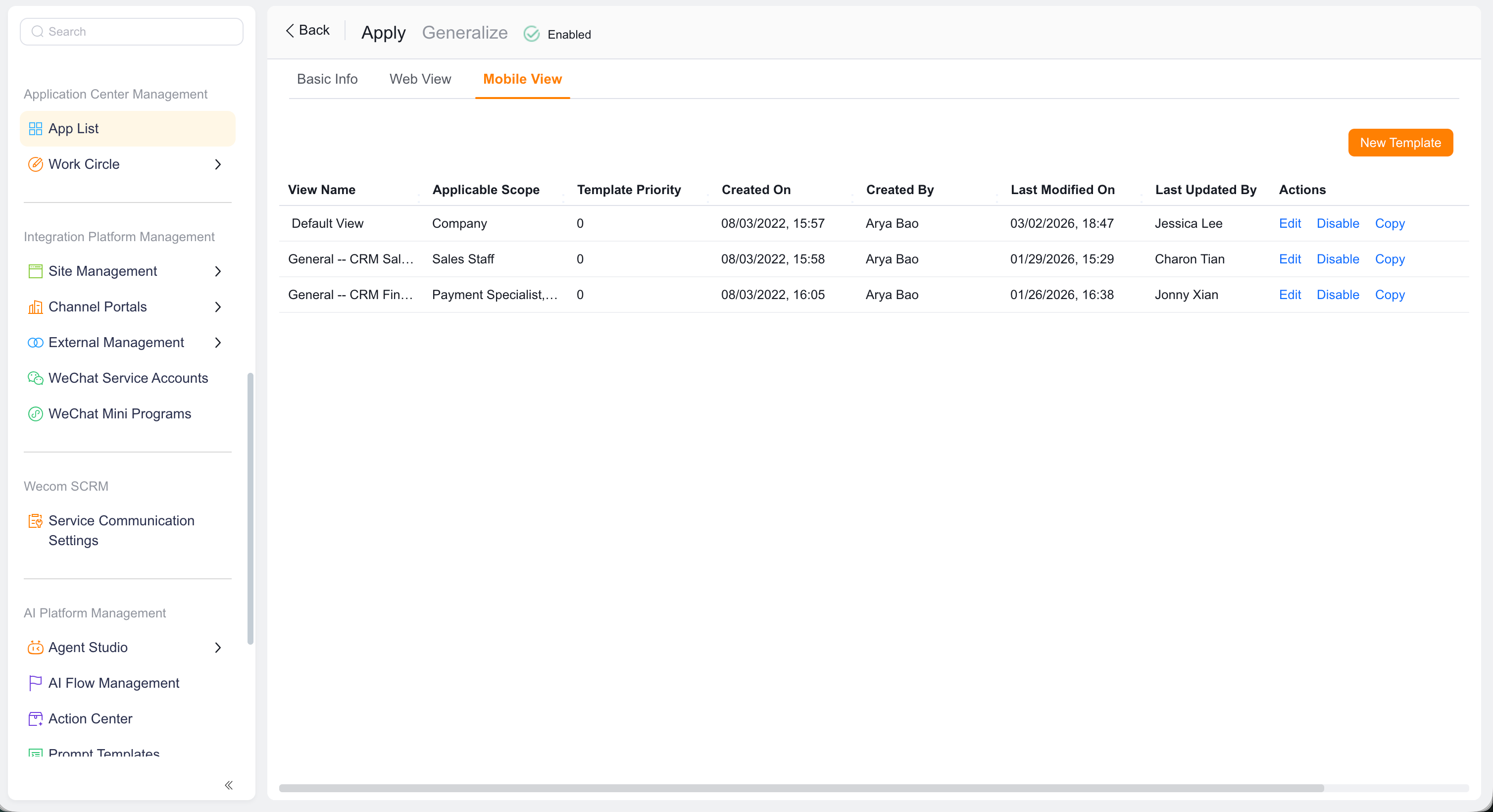 CRM mobile views