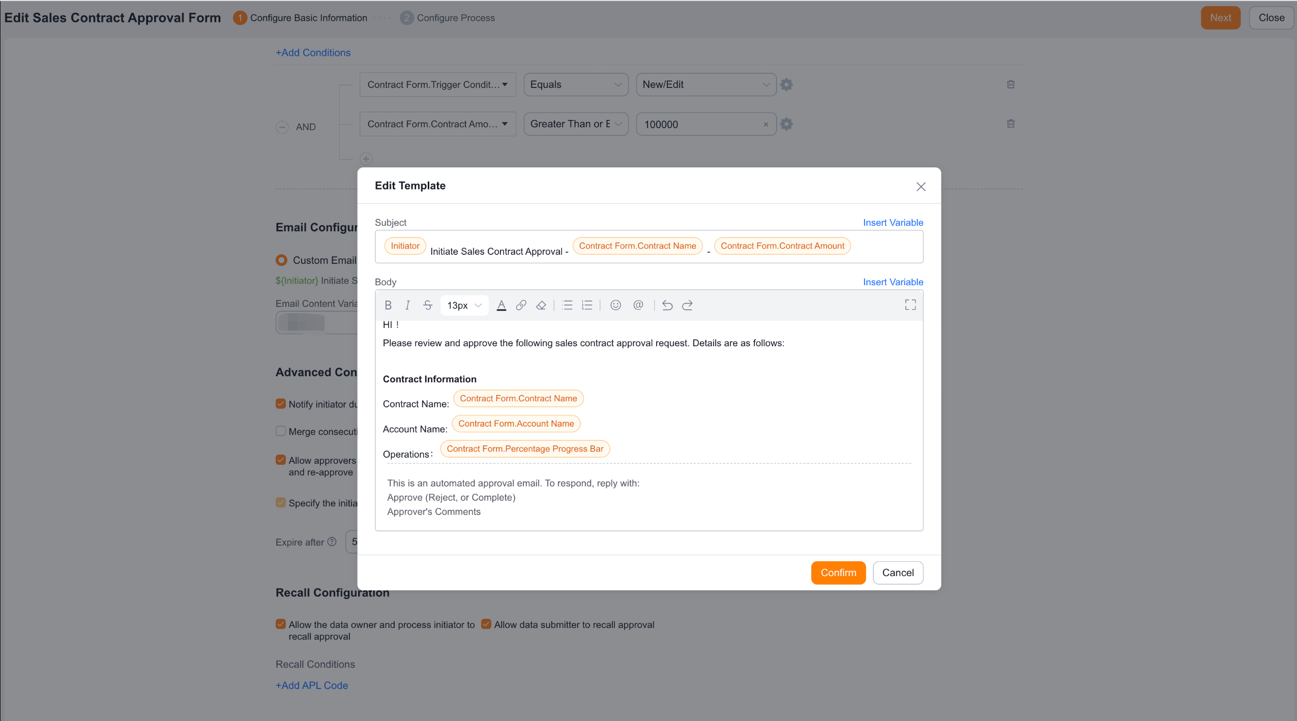 Approval email template configuration