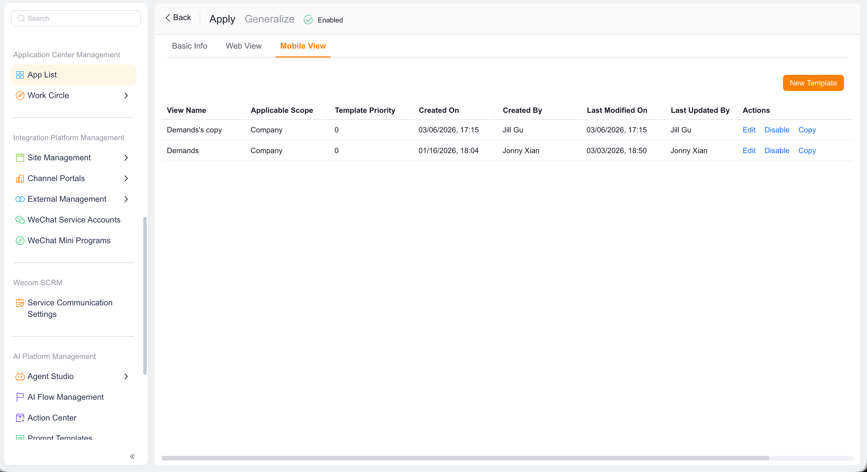 Mobile app view templates